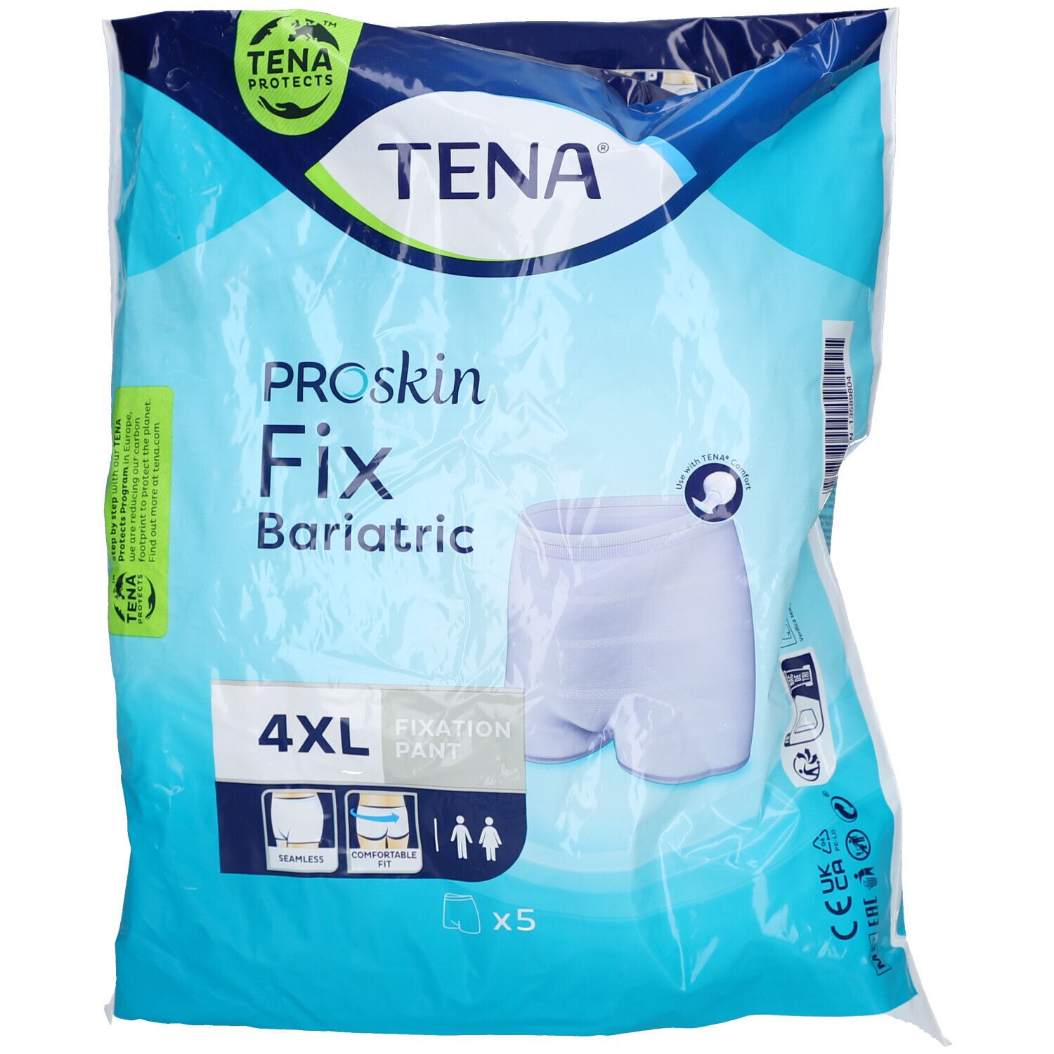 Emballage de TENA Fix Bariatric. Taille 4XL. Emballage transparent avec illustration du produit.