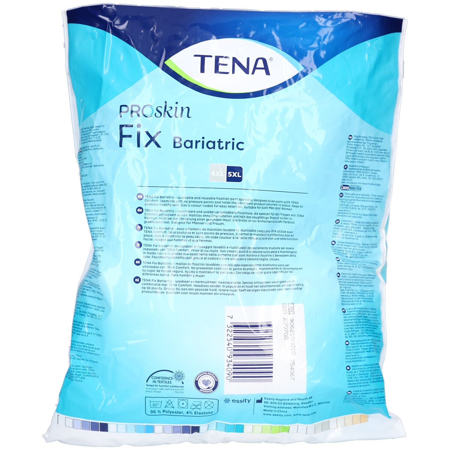 Dos de l'emballage TENA Fix Bariatric. Tailles 4XL/5XL. Texte et code-barres visibles.