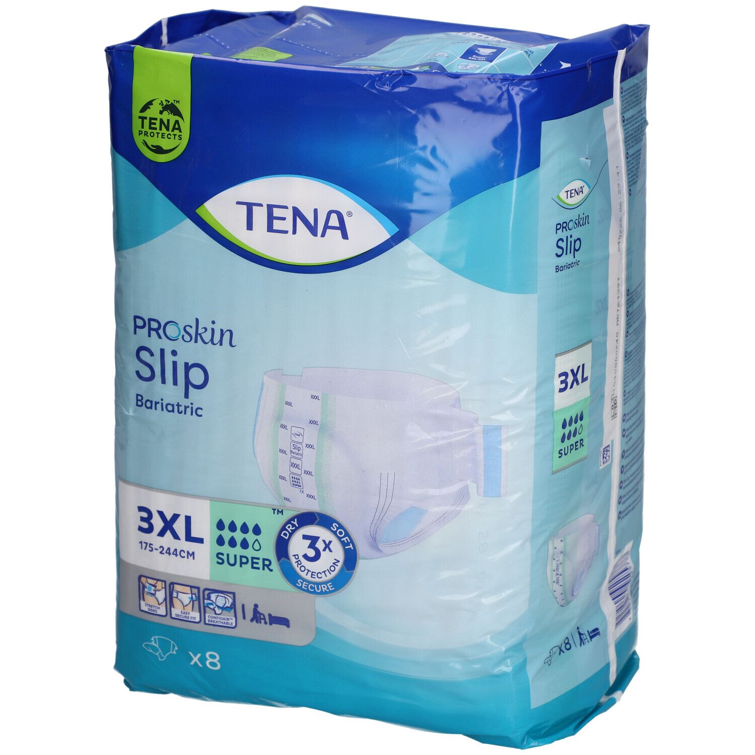Paquet de TENA ProSkin Slip Bariatric 3XL Super. 8 unités. Emballage bleu avec informations produit et logo.