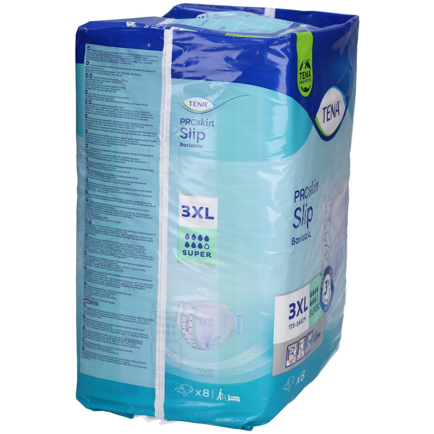 Dos du paquet TENA ProSkin Slip Bariatric 3XL Super. Emballage bleu avec informations produit et logo.