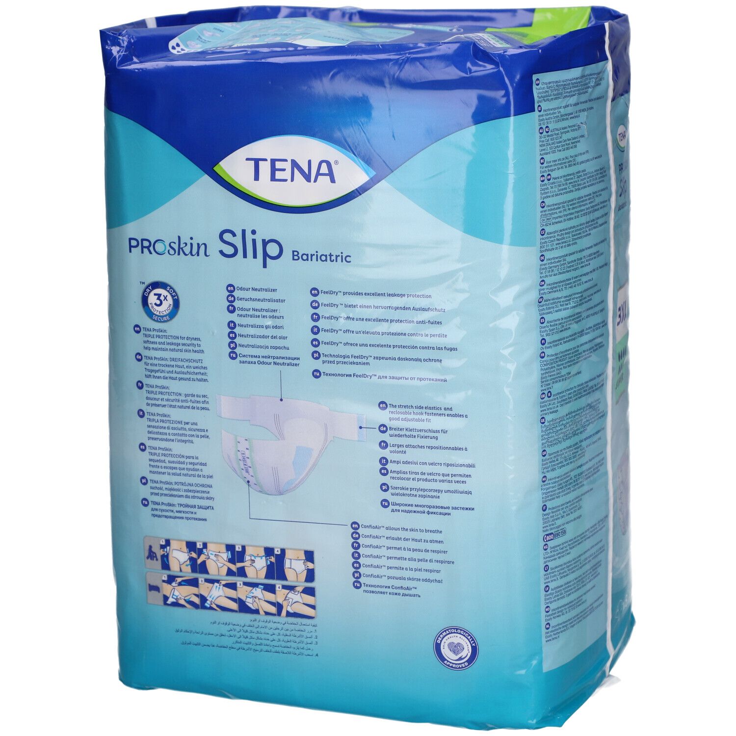 Dos du paquet TENA ProSkin Slip Bariatric 3XL Super. Emballage bleu avec informations produit et logo.