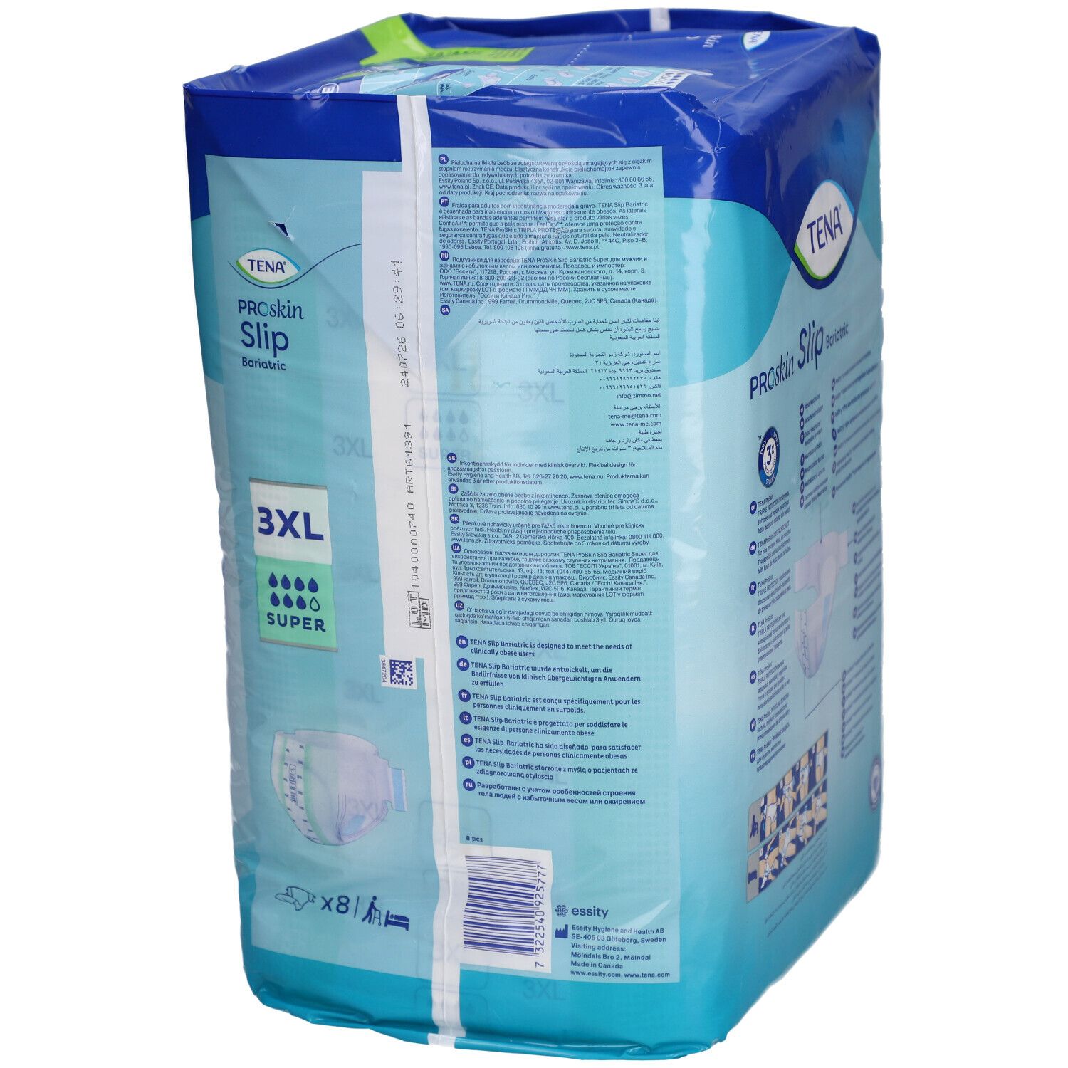 Dos du paquet TENA ProSkin Slip Bariatric 3XL Super. Emballage bleu avec informations produit et logo.