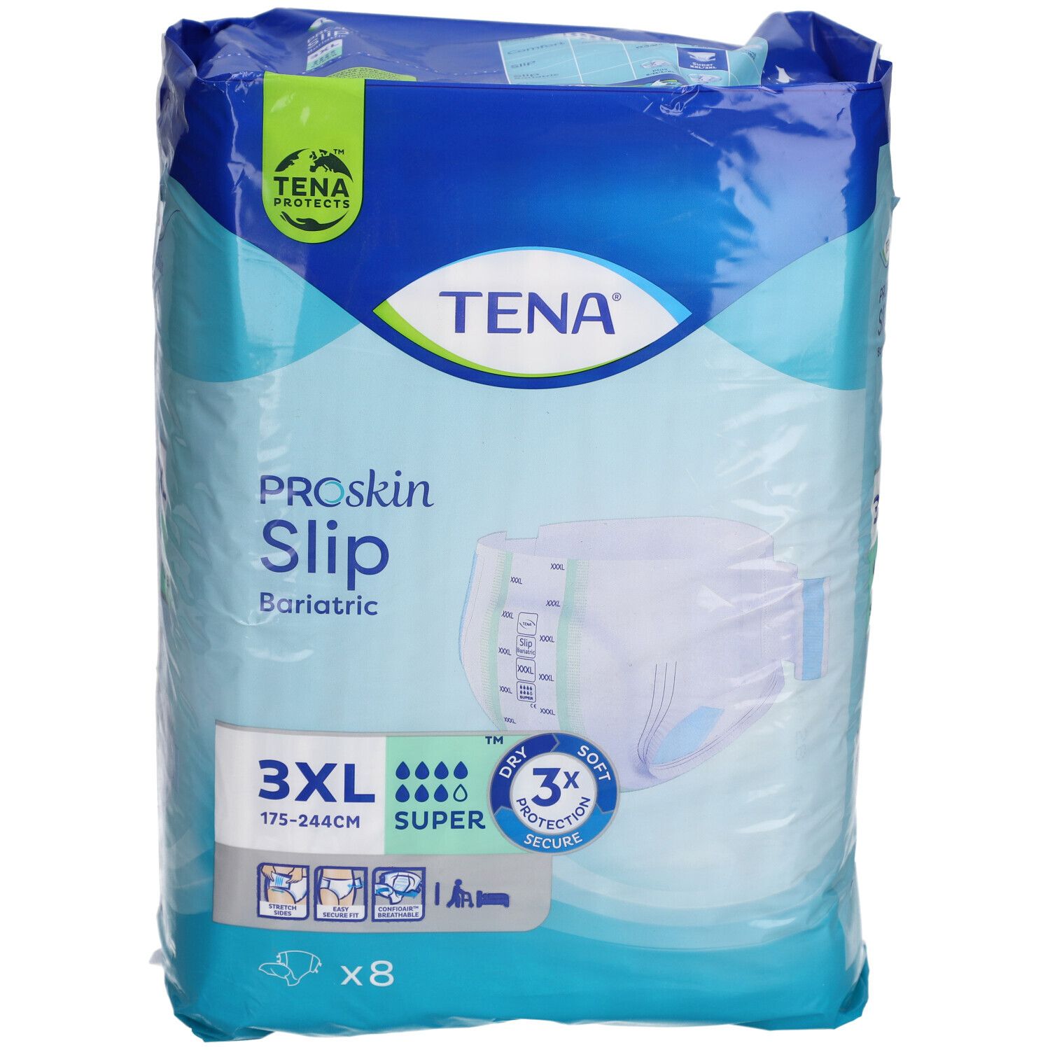 Paquet TENA ProSkin Slip Bariatric 3XL Super. Emballage bleu avec informations produit et logo.