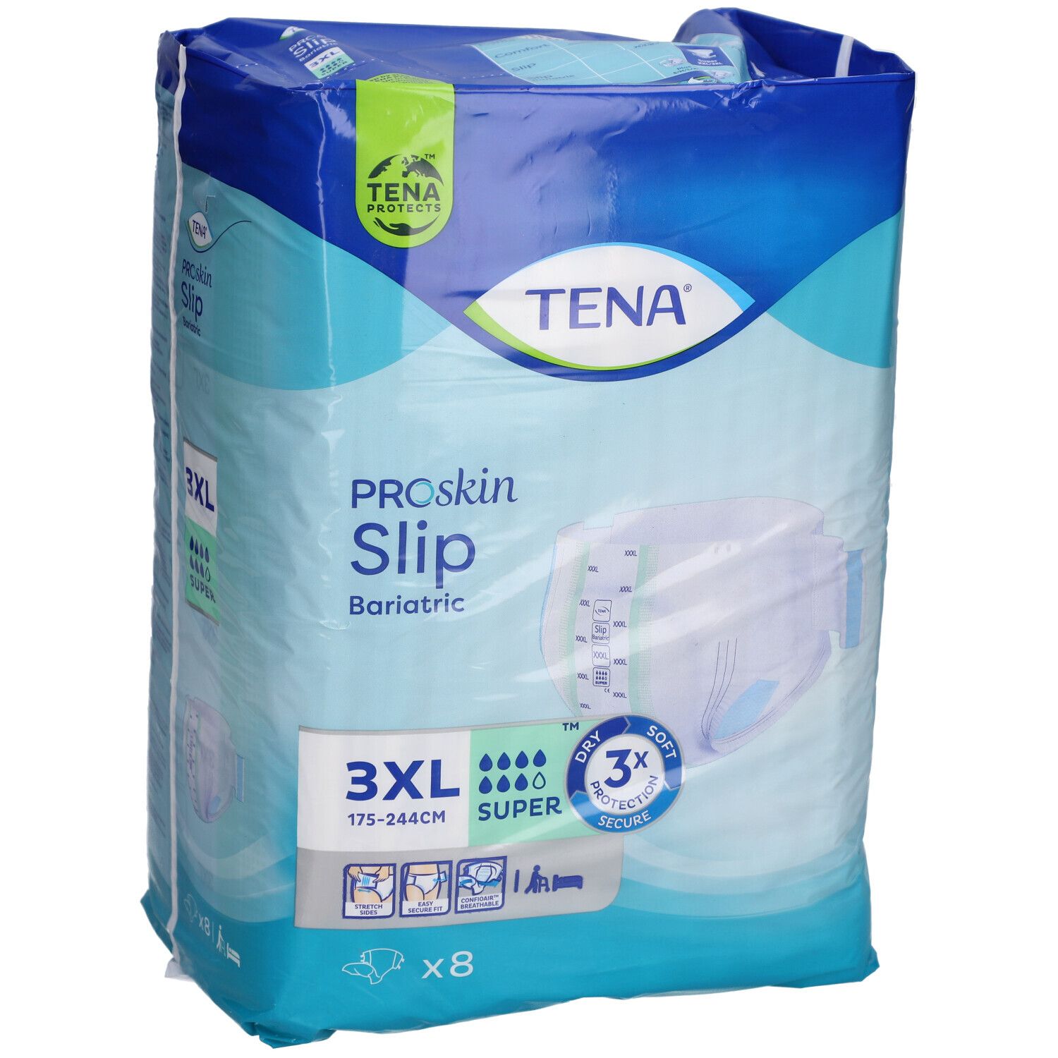 Paquet TENA ProSkin Slip Bariatric 3XL Super. Emballage bleu avec informations produit et logo.