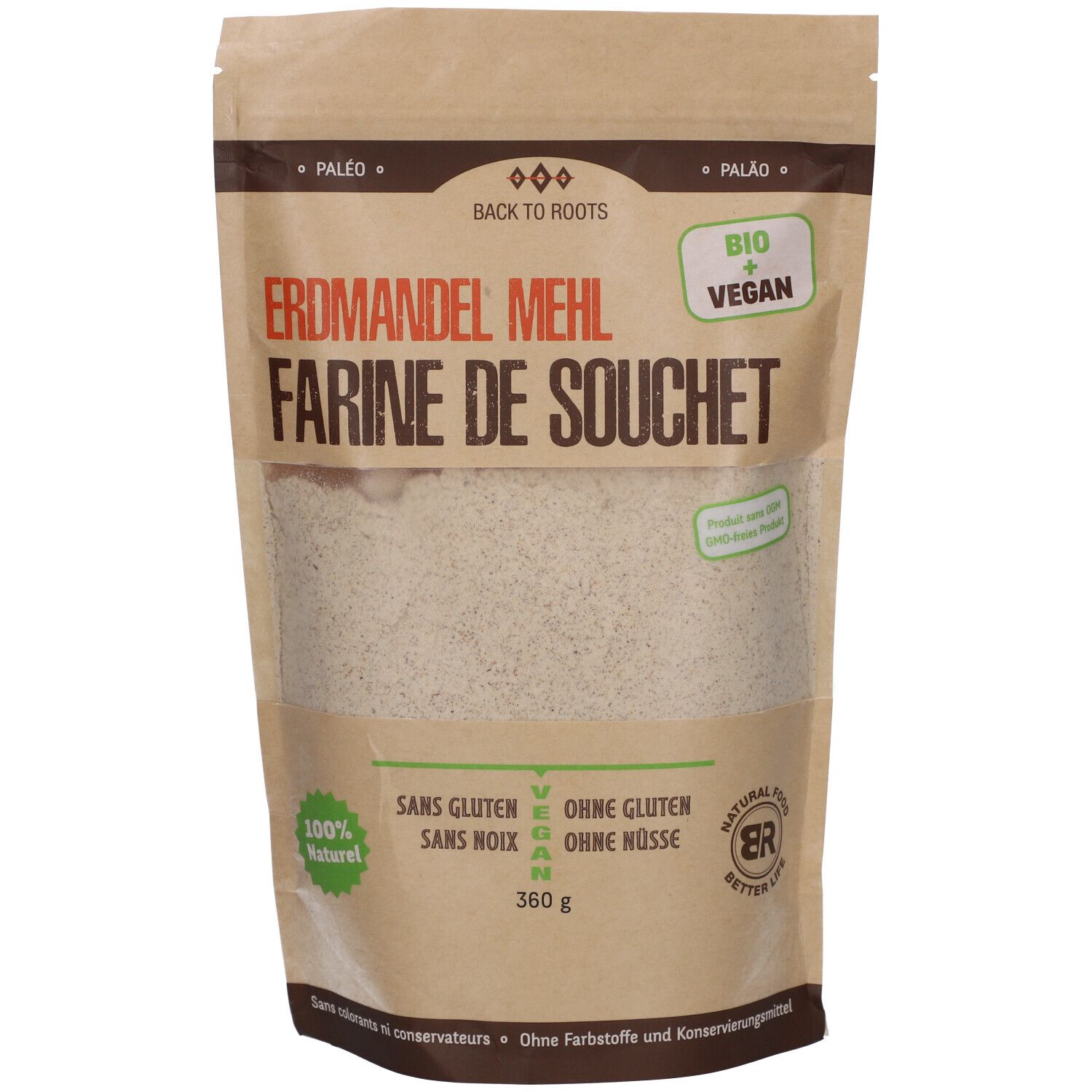 Beutel mit Erdmandelmehl. Aufschrift: Farine de Souchet, Bio + Vegan, ohne Gluten, ohne Nüsse. 360g.