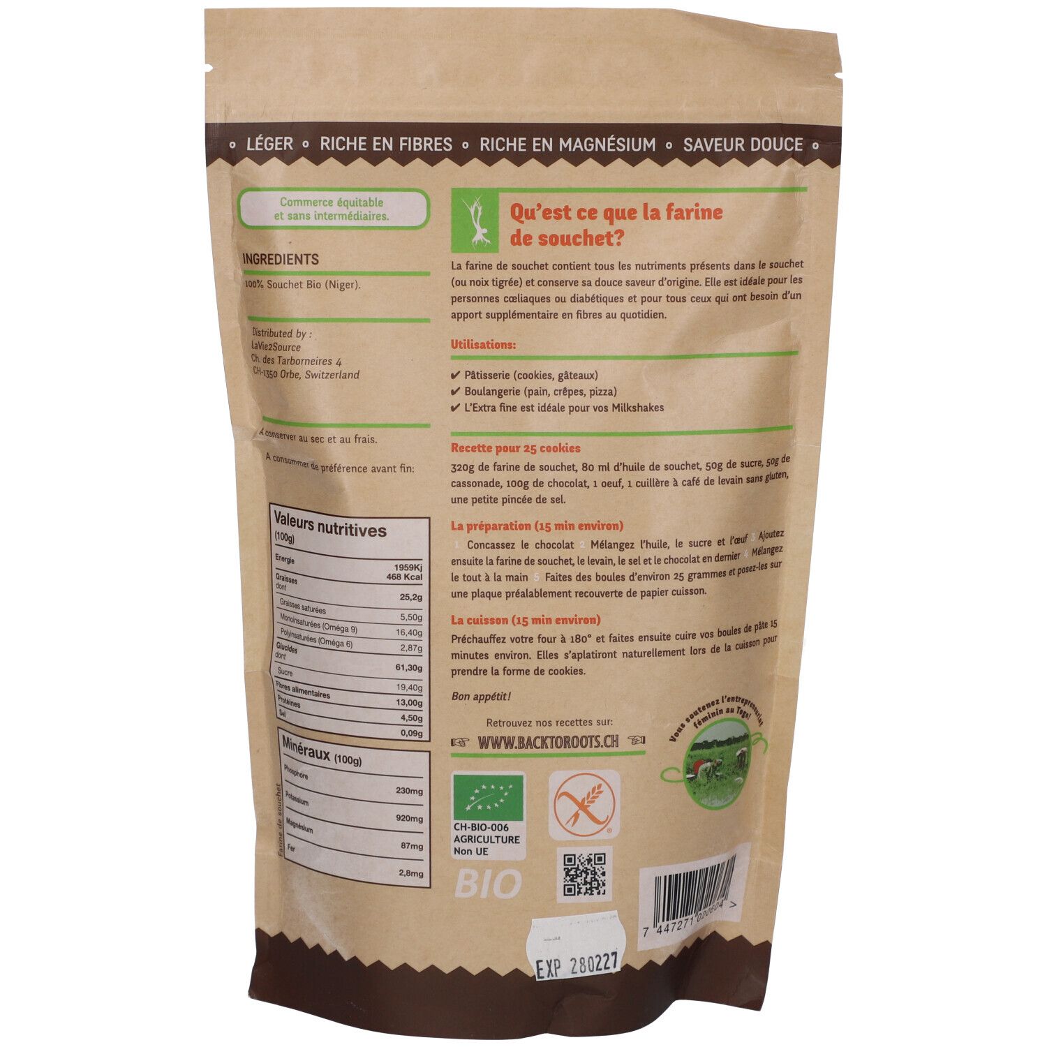 Rückseite des Beutels mit Nährwertangaben und Text. Aufschrift: Farine de Souchet, Bio, ohne Gluten. Bio-Zertifizierung.