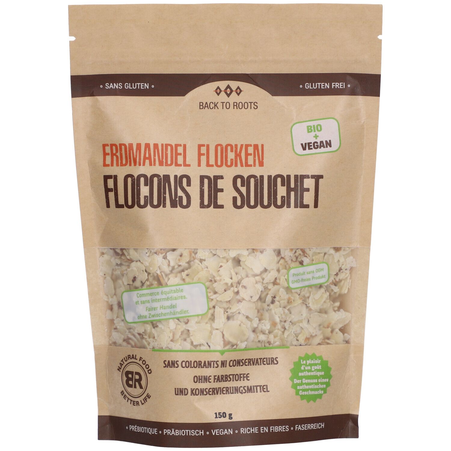 Beutel mit Erdmmandel Flocken. Sichtbares Fenster zeigt Inhalt. Text: Bio, Vegan, ohne Farb- und Konservierungsstoffe.