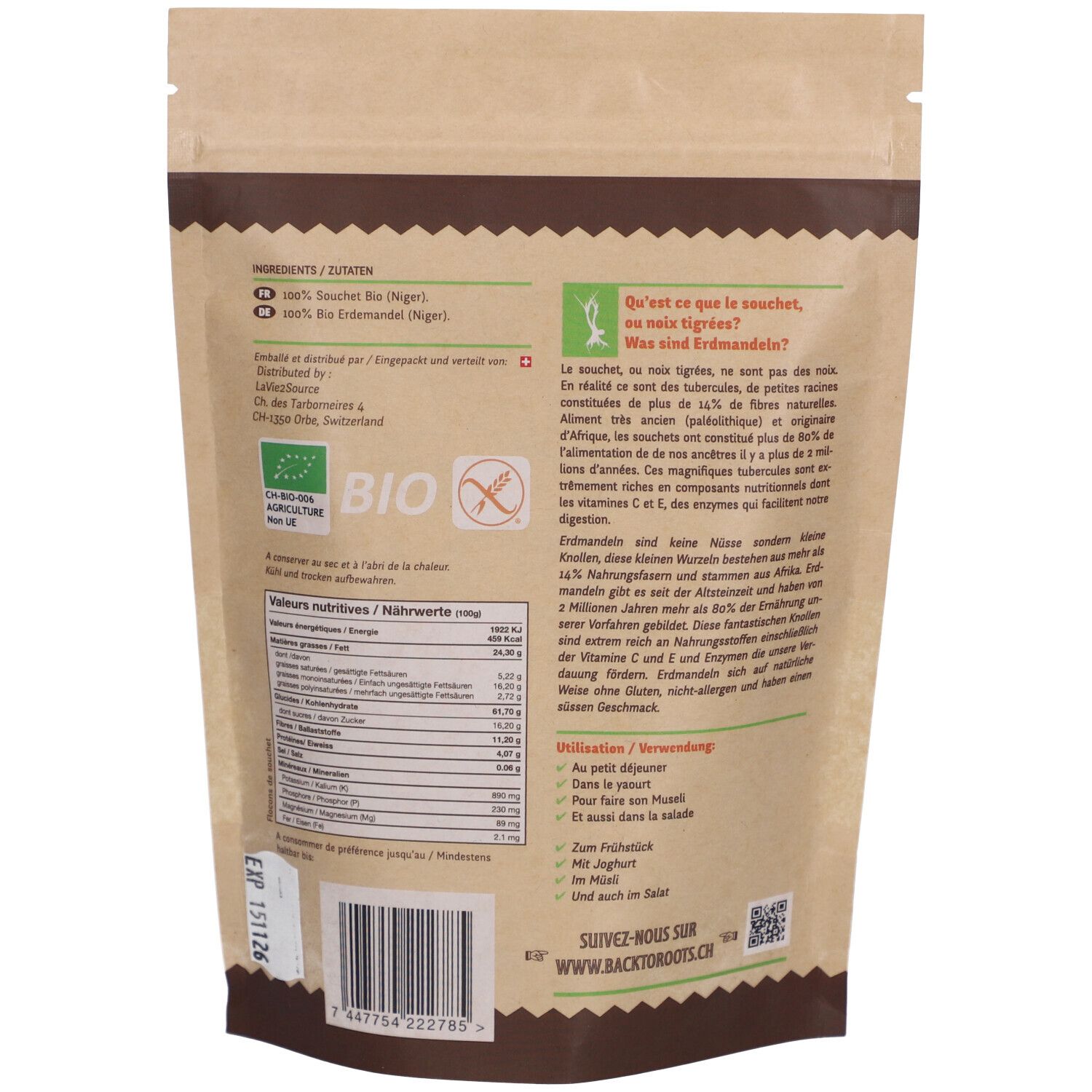 Rückseite der Verpackung mit Nährwertangaben und Text. Bio-Siegel und Text: Zutaten, Vertrieb, Haltbarkeit, QR-Code.