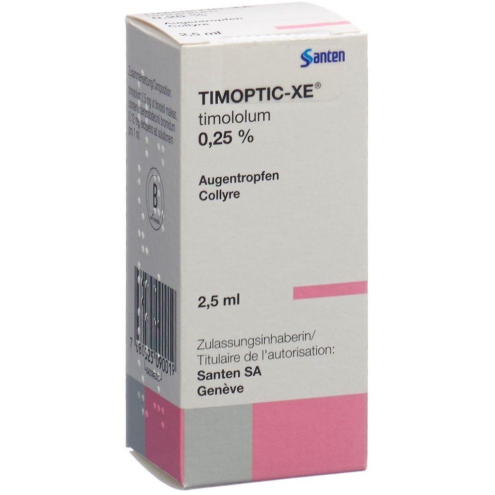 Kartonverpackung von TIMOPTIC-XE Gtt Opht 0,25 %. Weiß, rosa und graue Elemente. Text: TIMOPTIC-XE, Gtt Opht 0,25 % Fl 2,5 ml.