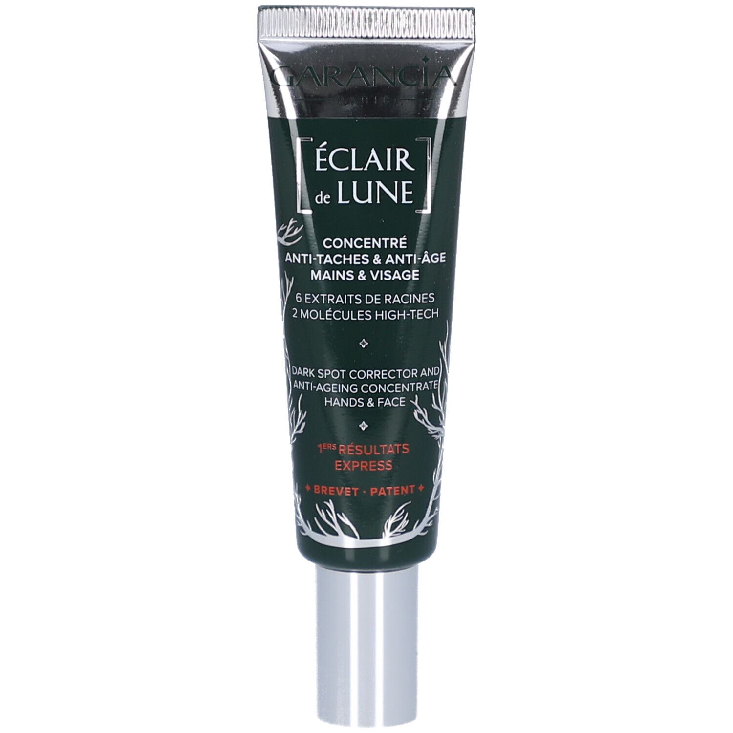 Tube de crème avec nom et détails du produit. Bouchon argenté. Fond noir avec éléments blancs.