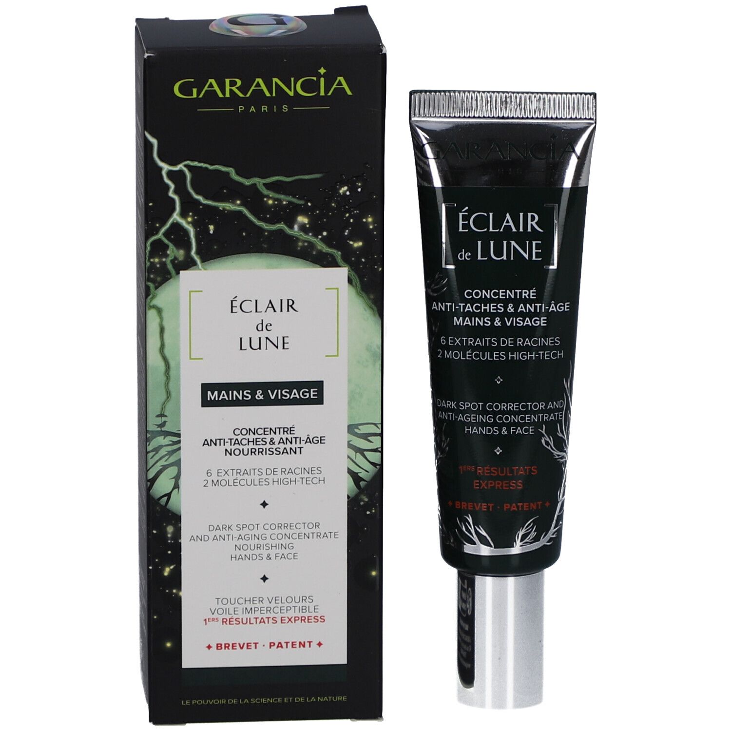 Emballage du produit et tube de crème. Emballage noir avec nom et détails du produit.