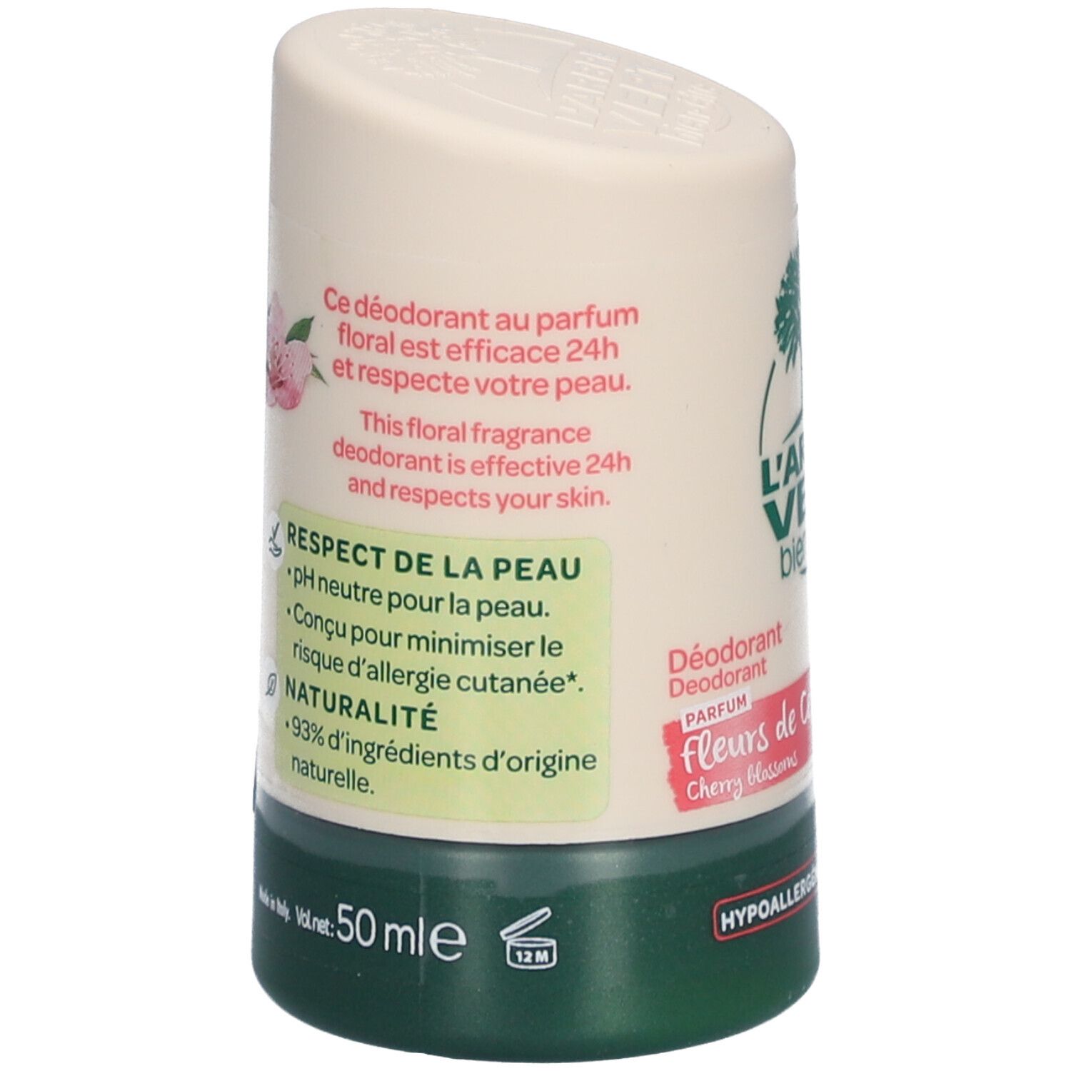 Deo-Roller, Rückseite. Text: 24h Wirksamkeit, pH-neutral, 93% Inhaltsstoffe natürlichen Ursprungs. Kirschblüten-Design.