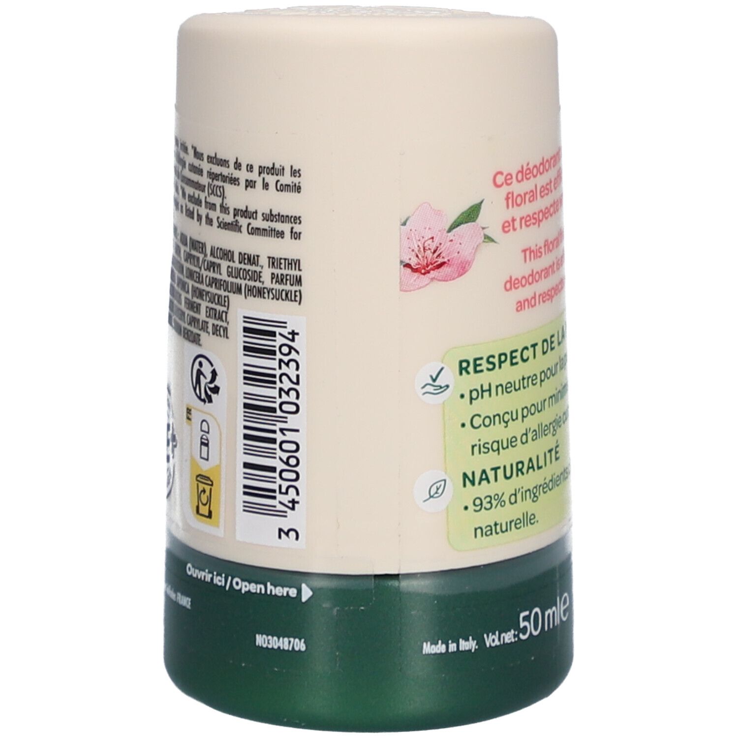 Deo-Roller, Rückseite mit Barcode und Inhaltsstoffen. Text: pH-neutral, 93% natürliche Inhaltsstoffe. Kirschblüten-Design.