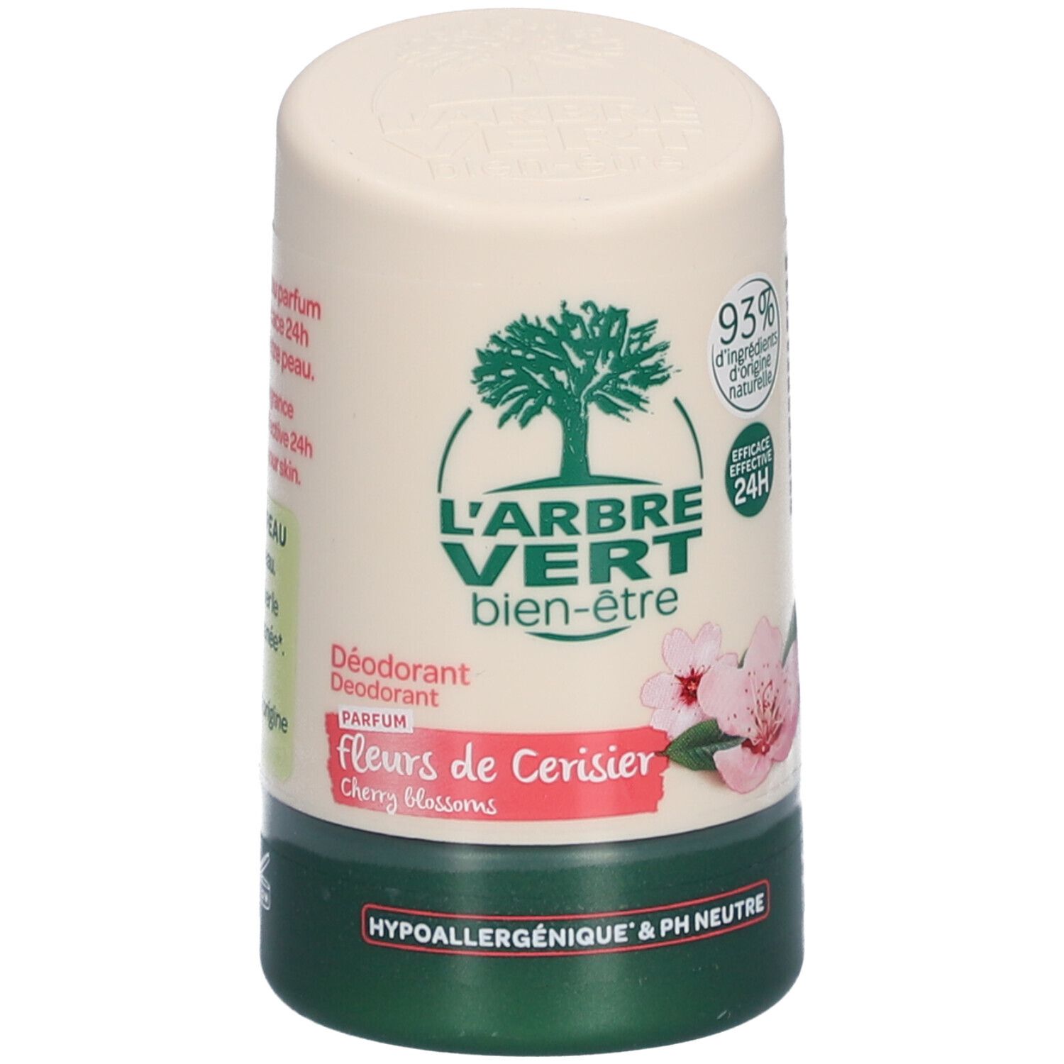 Deo-Roller mit Logo L'ARBRE VERT, Kirschblüten-Design. Grün-weiße Verpackung. Text: Hypoallergen & pH-neutral.