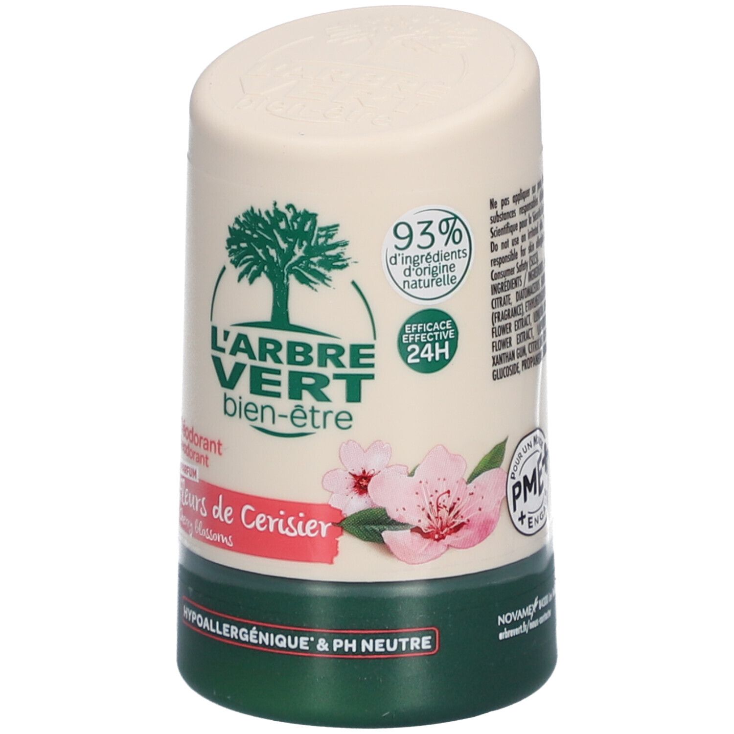 Deo-Roller mit Logo L'ARBRE VERT, Kirschblüten-Design. Grün-weiße Verpackung. Text: Hypoallergen & pH-neutral.