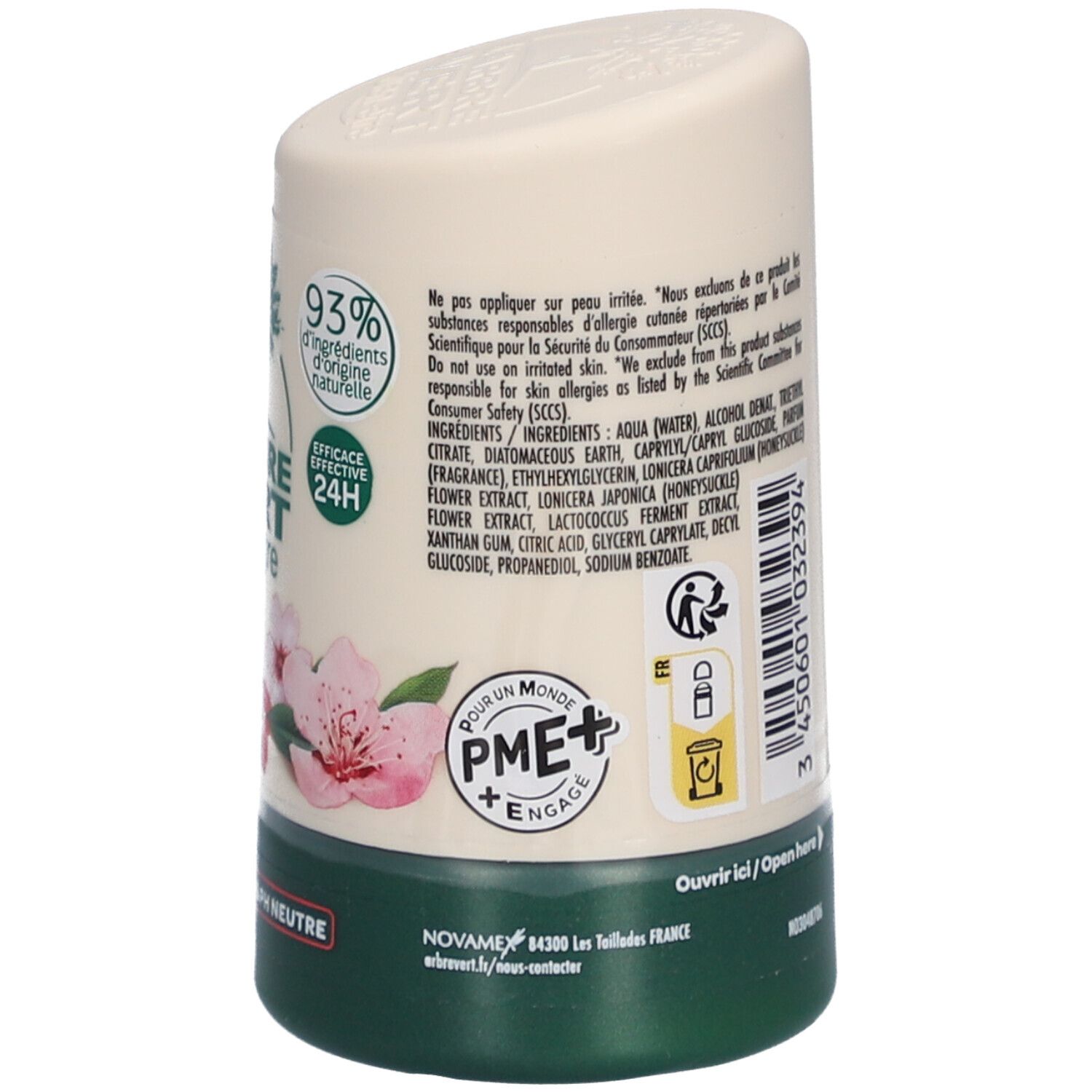 Deo-Roller, Rückseite mit Inhaltsstoffen und Zertifizierungen. Text: pH-neutral, 93% natürliche Inhaltsstoffe. Kirschblüten-Design.