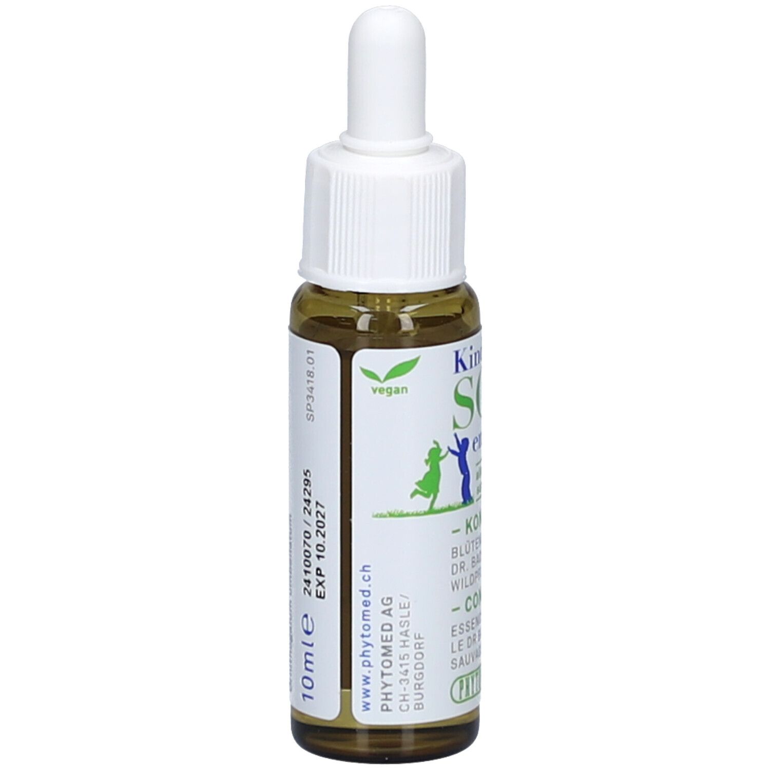 Braune Glasflasche mit weißem Tropfer. Etikett mit Text und Logo: vegan. Text: 10ml, www. phytomed.ch, EXP 10.2027.
