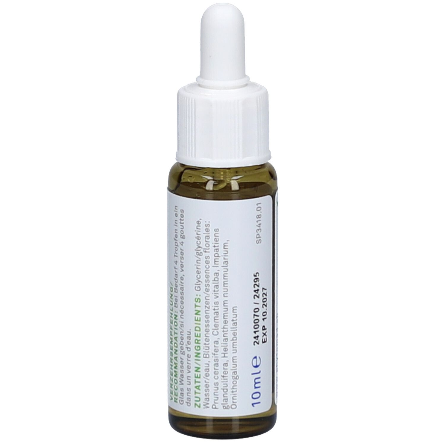 Braune Glasflasche mit weißem Tropfer. Etikett mit Inhaltsstoffen: Glycerin, Wasser, Blütenessenzen. Text: 10ml, EXP 10.2027.