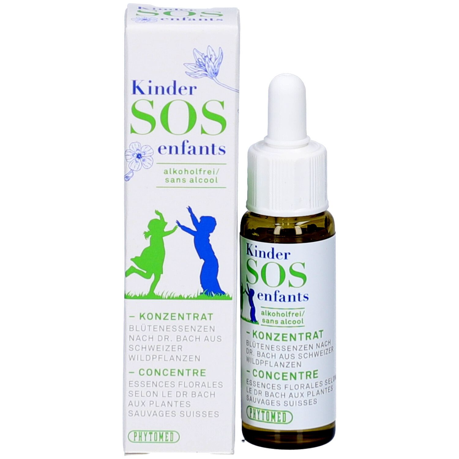 Produktflasche mit Tropfer und Verpackung. Verpackung mit Text: Kinder SOS enfants, alkoholfrei. Logo: zwei Kinder. Marke: PHYTOMED.