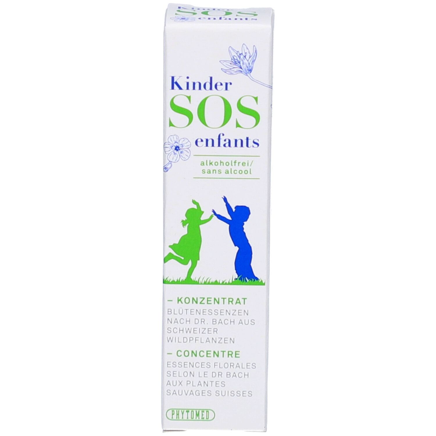 Verpackung mit Text: Kinder SOS enfants, alkoholfrei. Logo: zwei Kinder. Marke: PHYTOMED. Design mit Blumen.