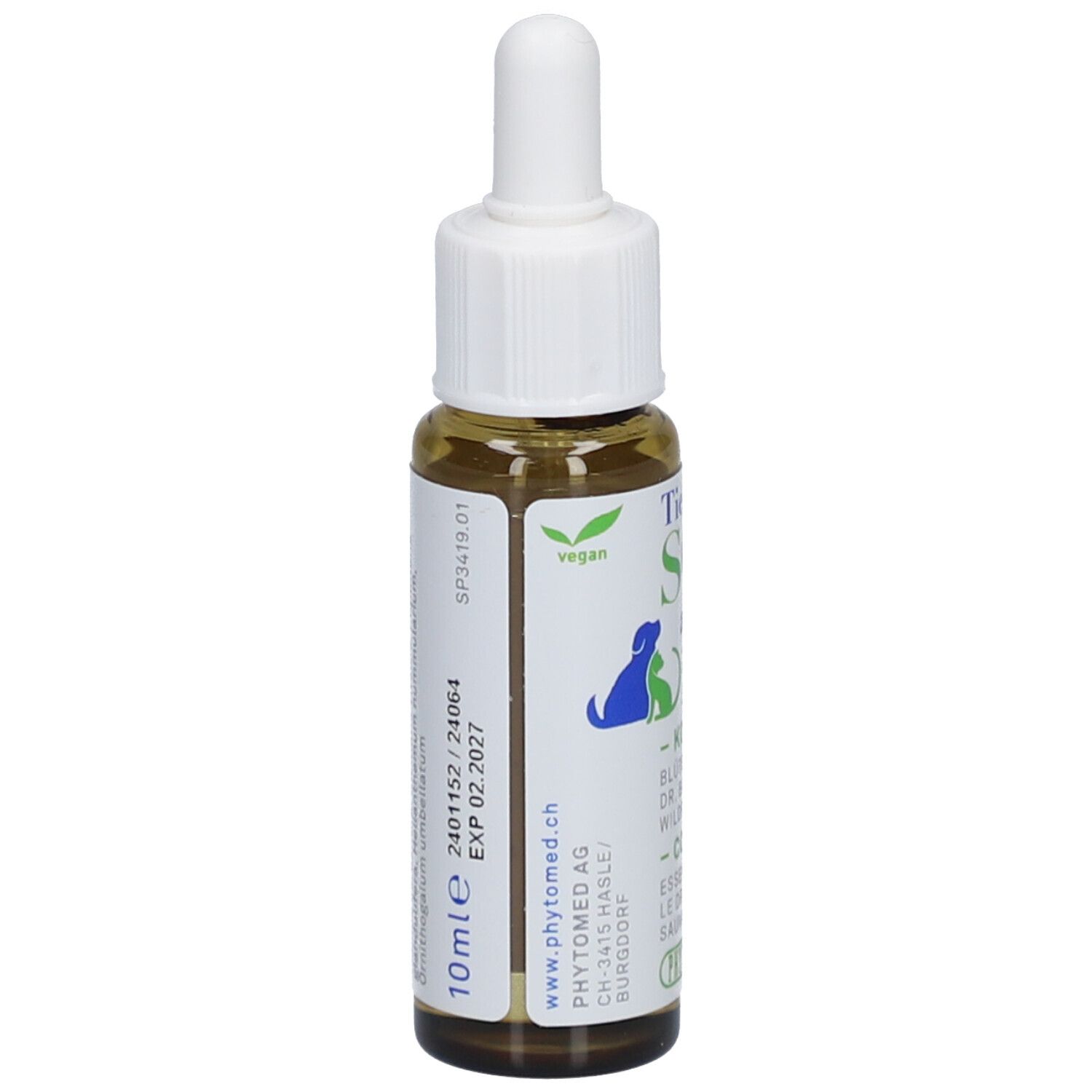 Flacon en verre brun avec bouchon blanc et pipette. Inscription: 10ml, vegan. Étiquette avec informations. Marque: PHYTOMED.