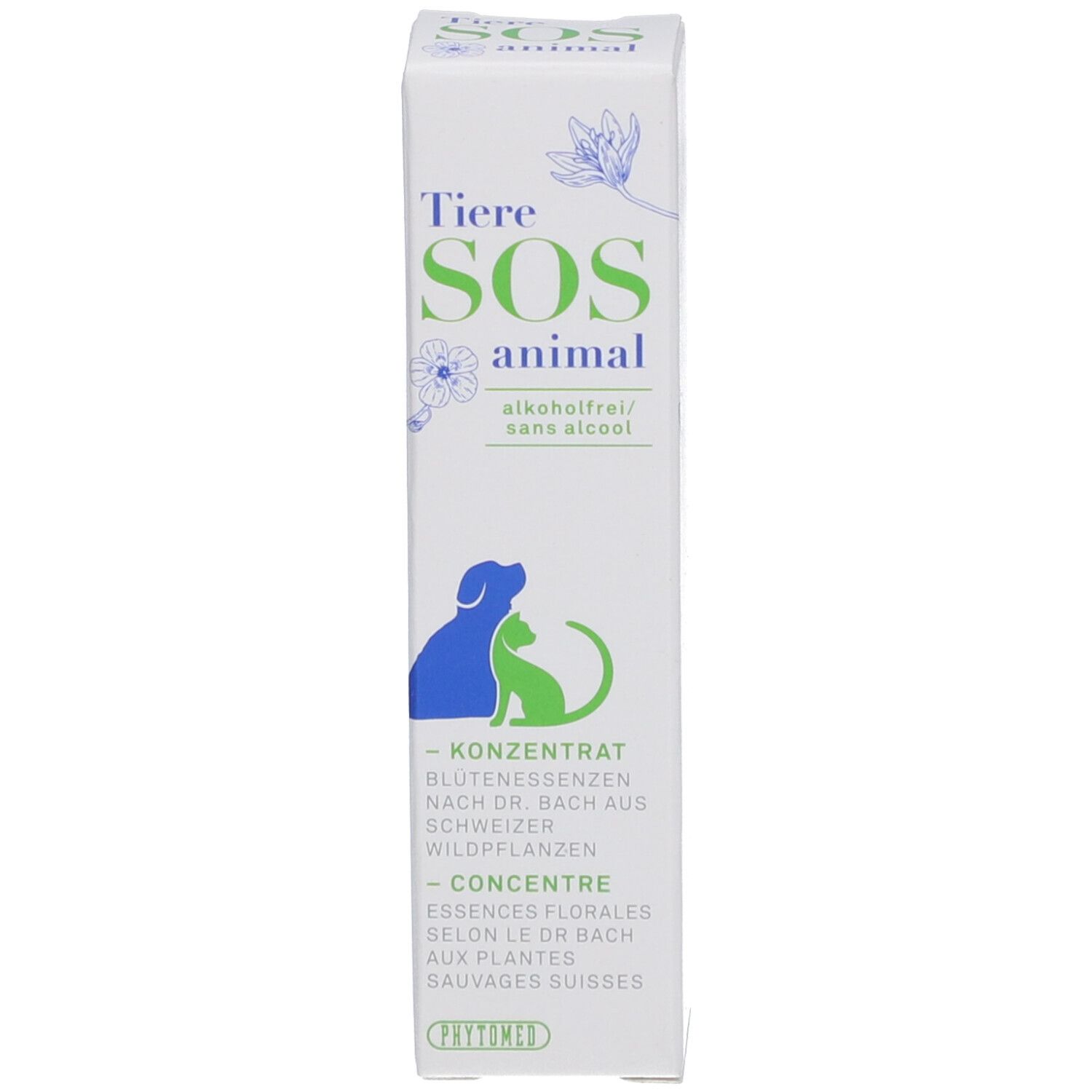 Emballage blanc avec inscription: Tiere SOS animal, concentré, sans alcool. Marque: PHYTOMED. Illustration: chien et chat.