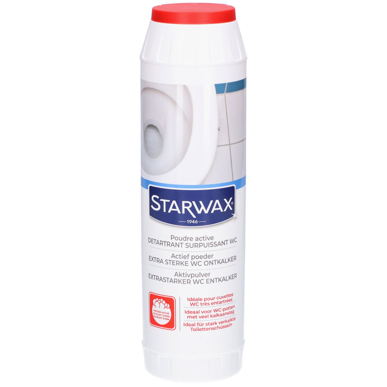 Weiße Flasche mit rotem Deckel. Starwax Aktivpulver WC-Entkalker. Produktabbildung einer Toilette. Blaue und rote Akzente.