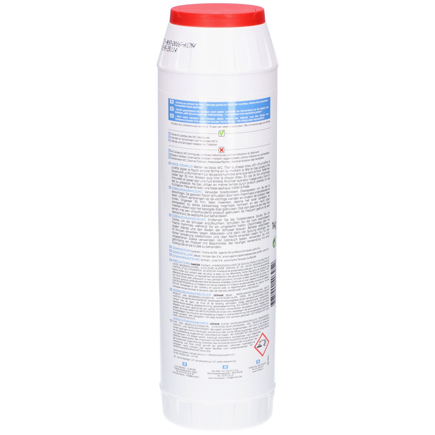 Weiße Flasche mit rotem Deckel. Rückseite mit Text und Warnhinweisen. Detailansicht der Beschriftung.