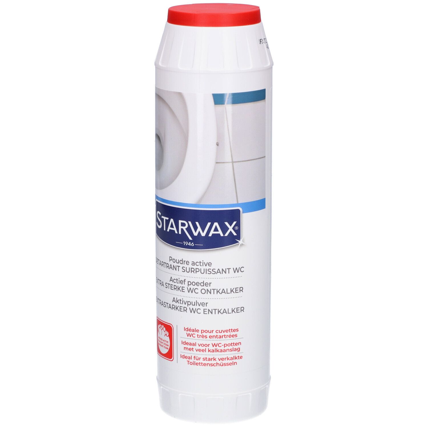 Weiße Flasche mit rotem Deckel. Starwax Aktivpulver WC-Entkalker. Produktabbildung einer Toilette. Blaue und rote Akzente.