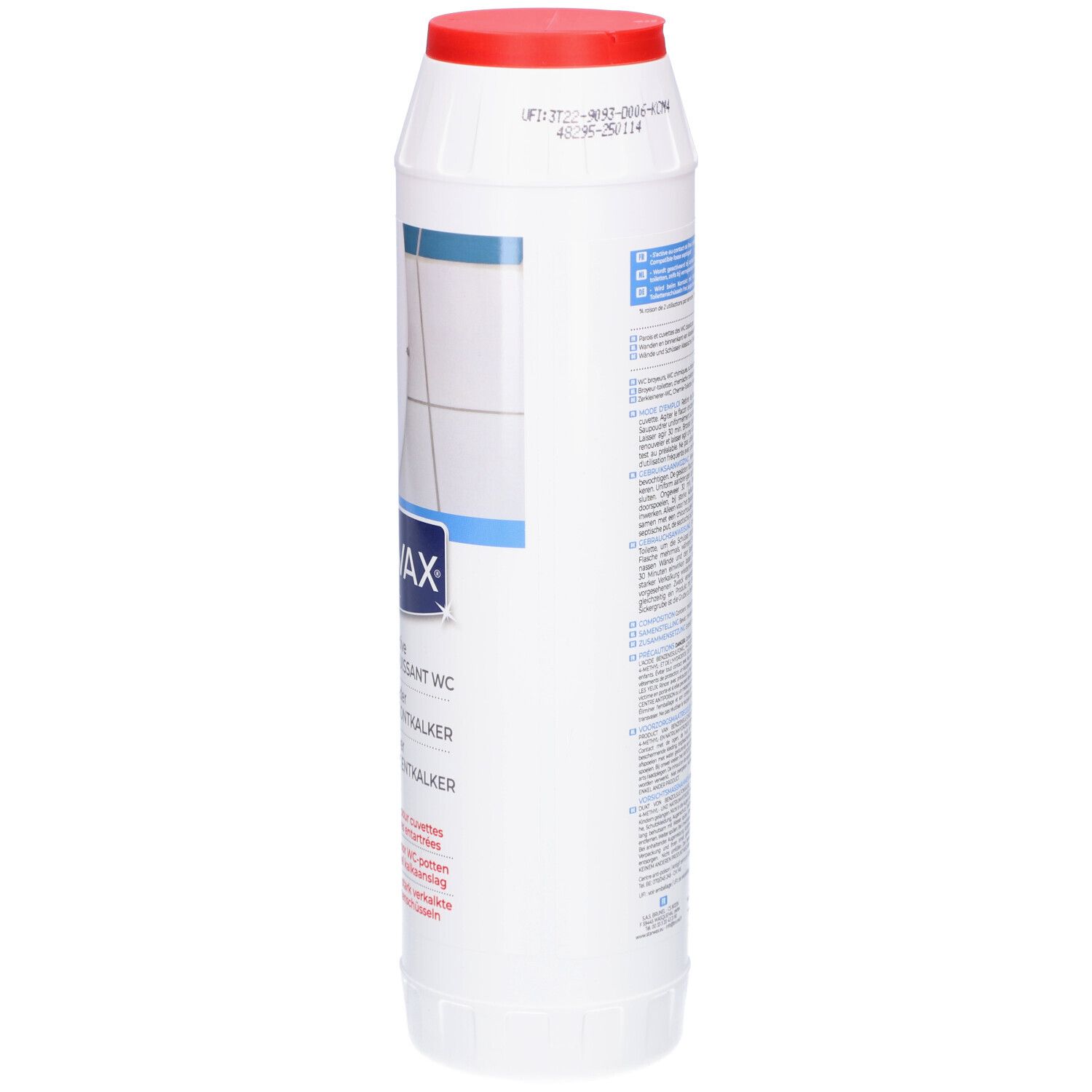 Weiße Flasche mit rotem Deckel. Rückseite mit Text und Warnhinweisen. Detailansicht der Beschriftung.
