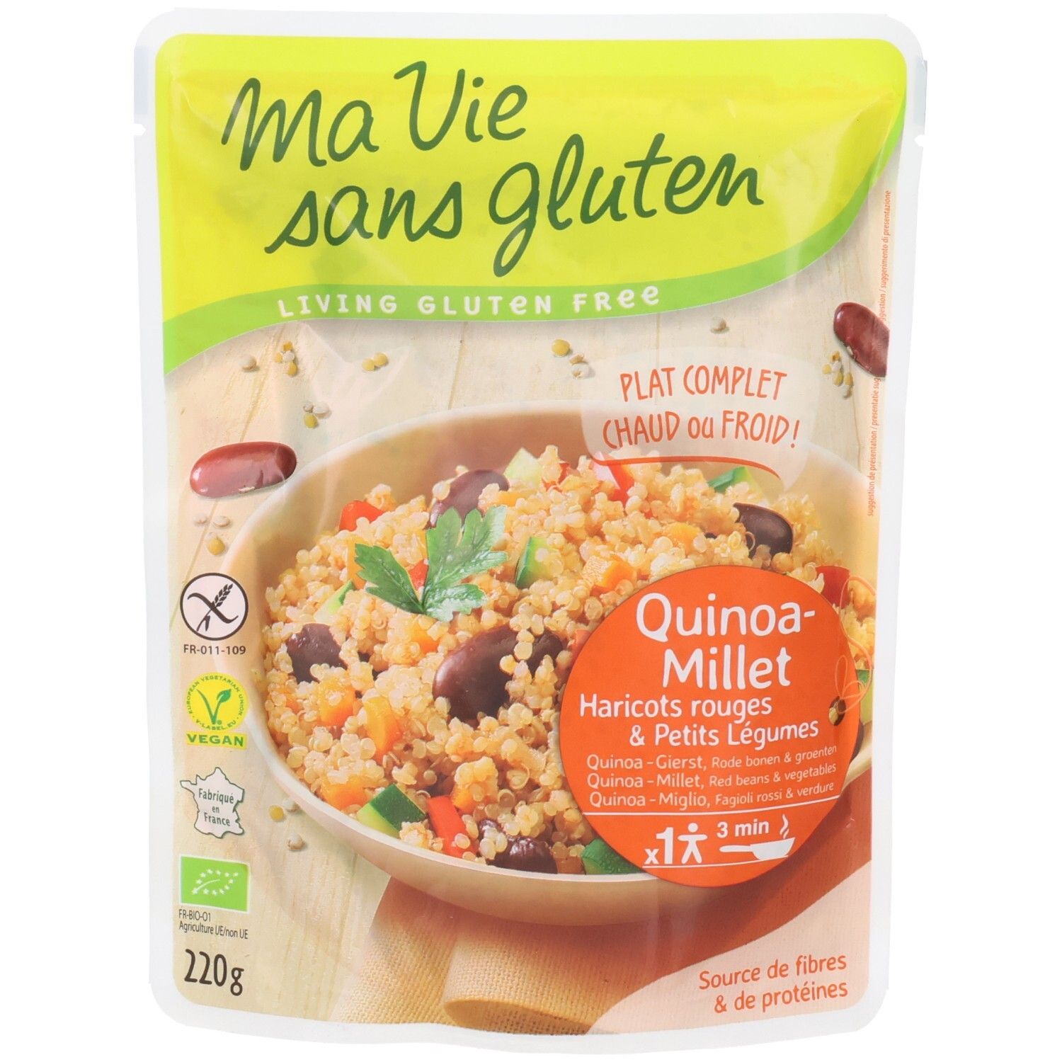 Sachet de plat complet. Texte: "Ma Vie sans gluten", "Living Gluten Free". Visuel: plat de quinoa, haricots rouges et légumes. Label vegan.