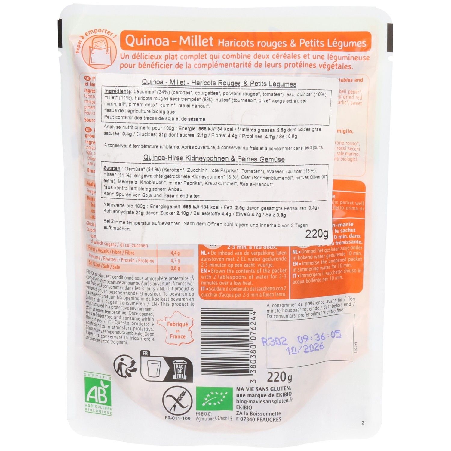 Dos du sachet de plat complet. Texte: "Quinoa-Millet Haricots rouges & Petits Légumes". Informations nutritionnelles. Label bio. DDM: 10/2026.