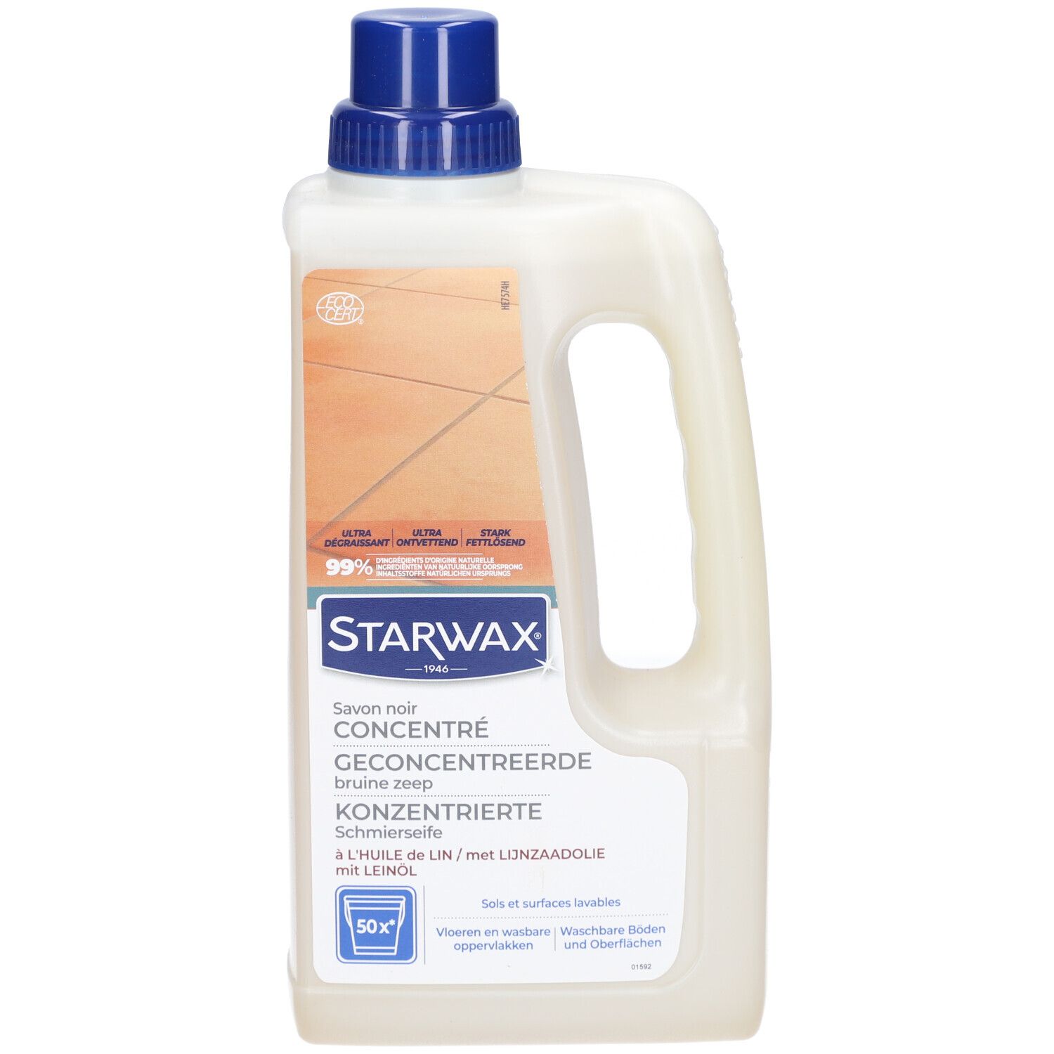 Weißer Kanister mit blauem Deckel und Griff. Aufschrift STARWAX, konzentrierte Schmierseife mit Leinöl. 50x.