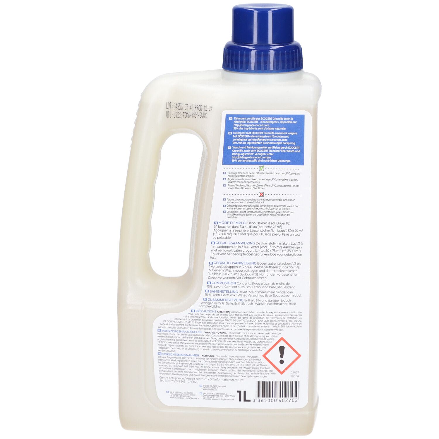 Rückseite des weißen Kanisters. Mehrsprachige Produktinformationen. Warnsymbol. Volumen: 1L.