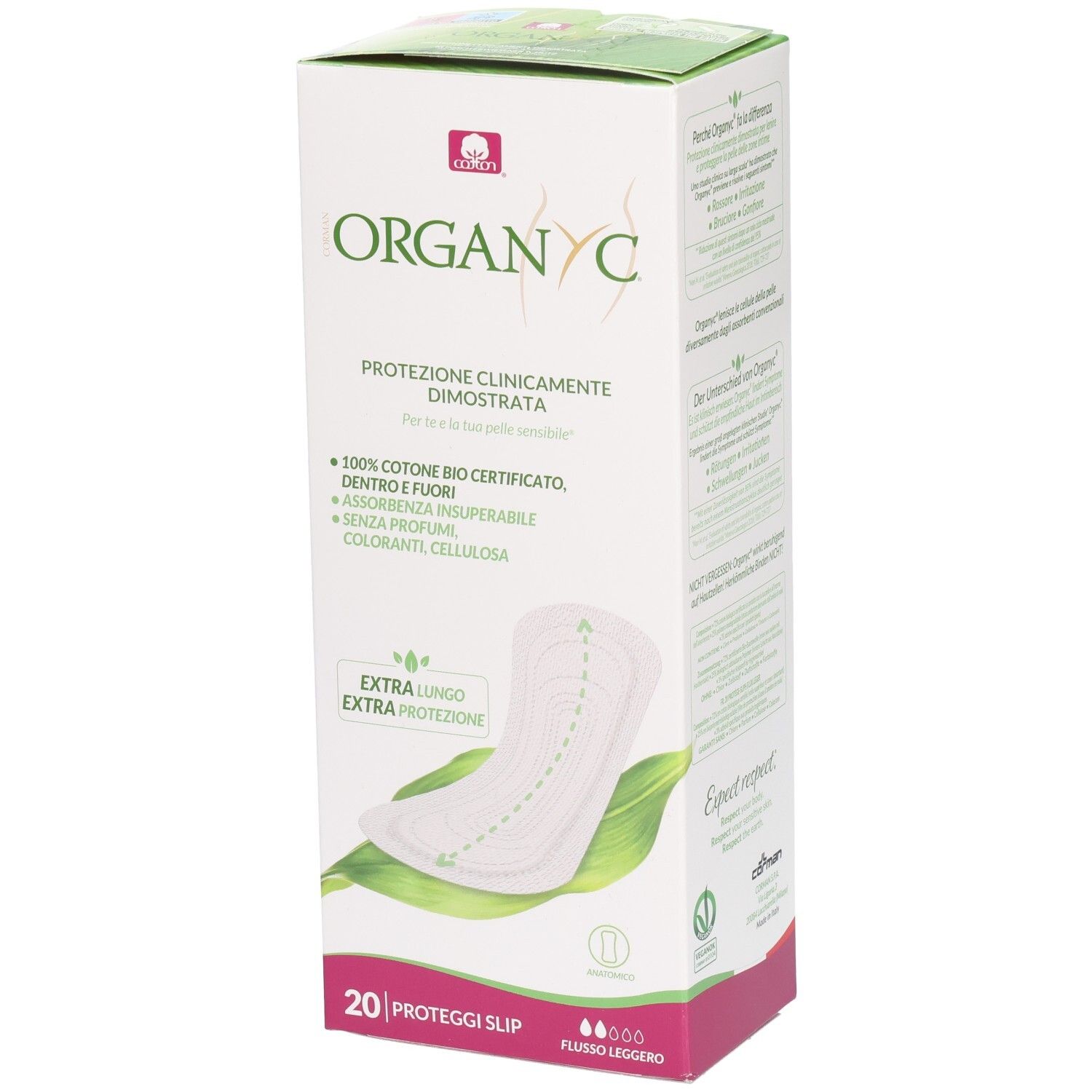Verpackung mit Slipeinlagen. Marke ORGANYC. Extra lang. 20 Stück. Klinisch nachgewiesener Schutz. 100% Bio-Baumwolle.