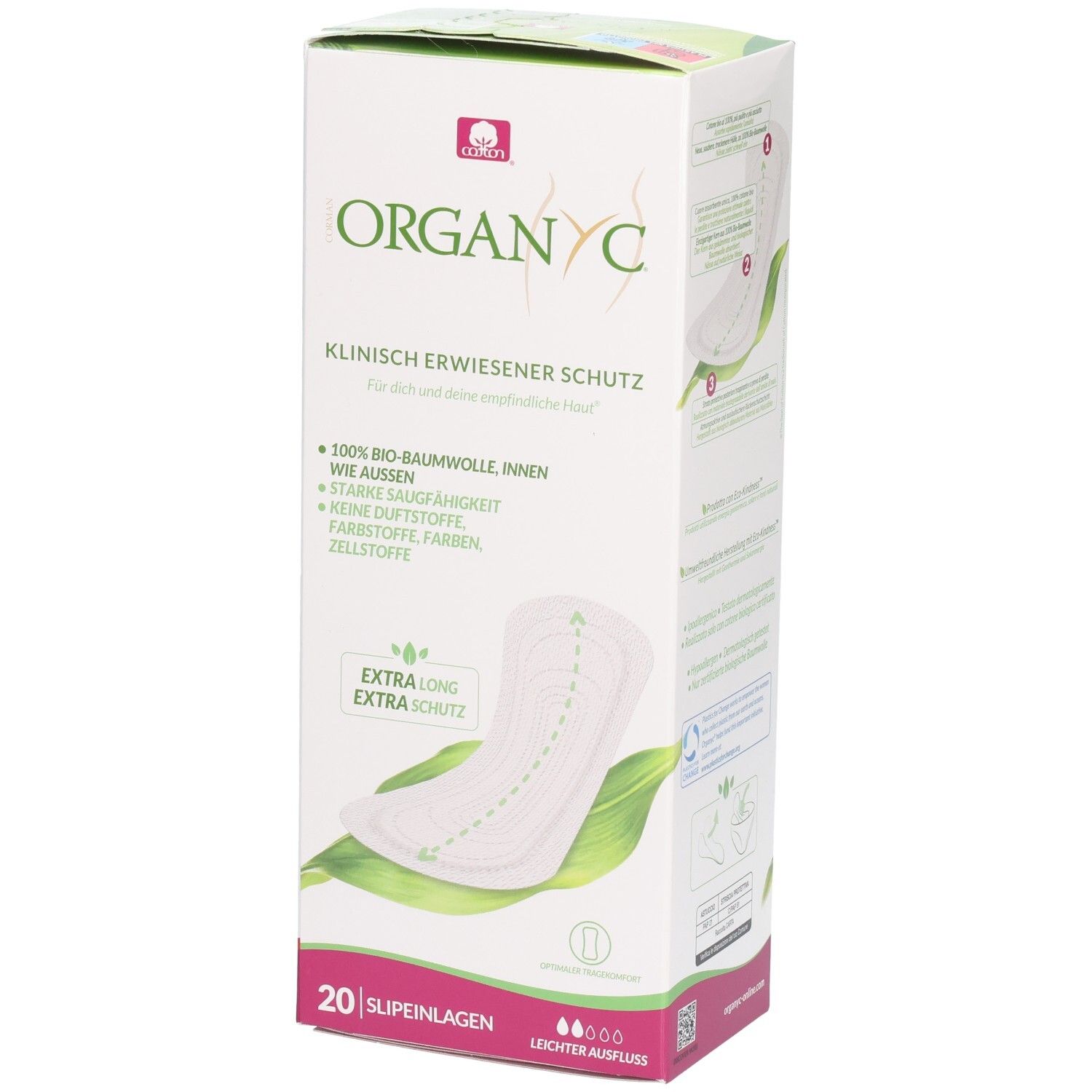 Verpackung mit Slipeinlagen. Marke ORGANYC. Extra lang. 20 Stück. Klinisch erwiesener Schutz. 100% Bio-Baumwolle.