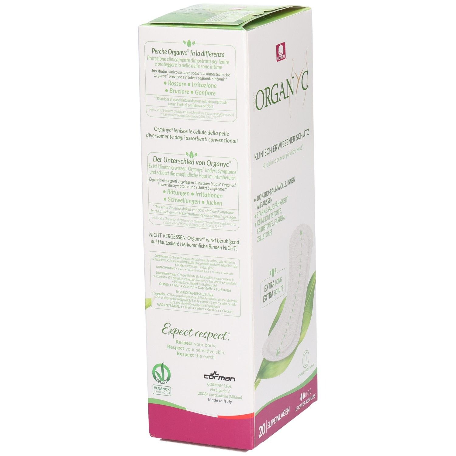 Rückseite der Verpackung mit Produktinformationen. Marke ORGANYC. Extra lang. 20 Slipeinlagen. Zertifizierungen.