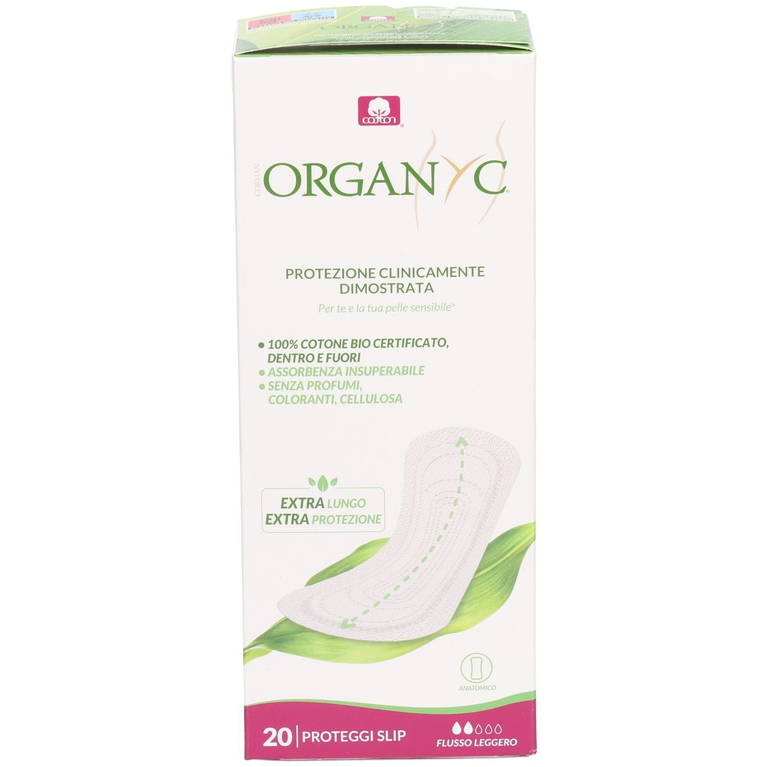 Verpackung mit Slipeinlagen. Marke ORGANYC. Extra lang. 20 Stück. Klinisch nachgewiesener Schutz. 100% Bio-Baumwolle.