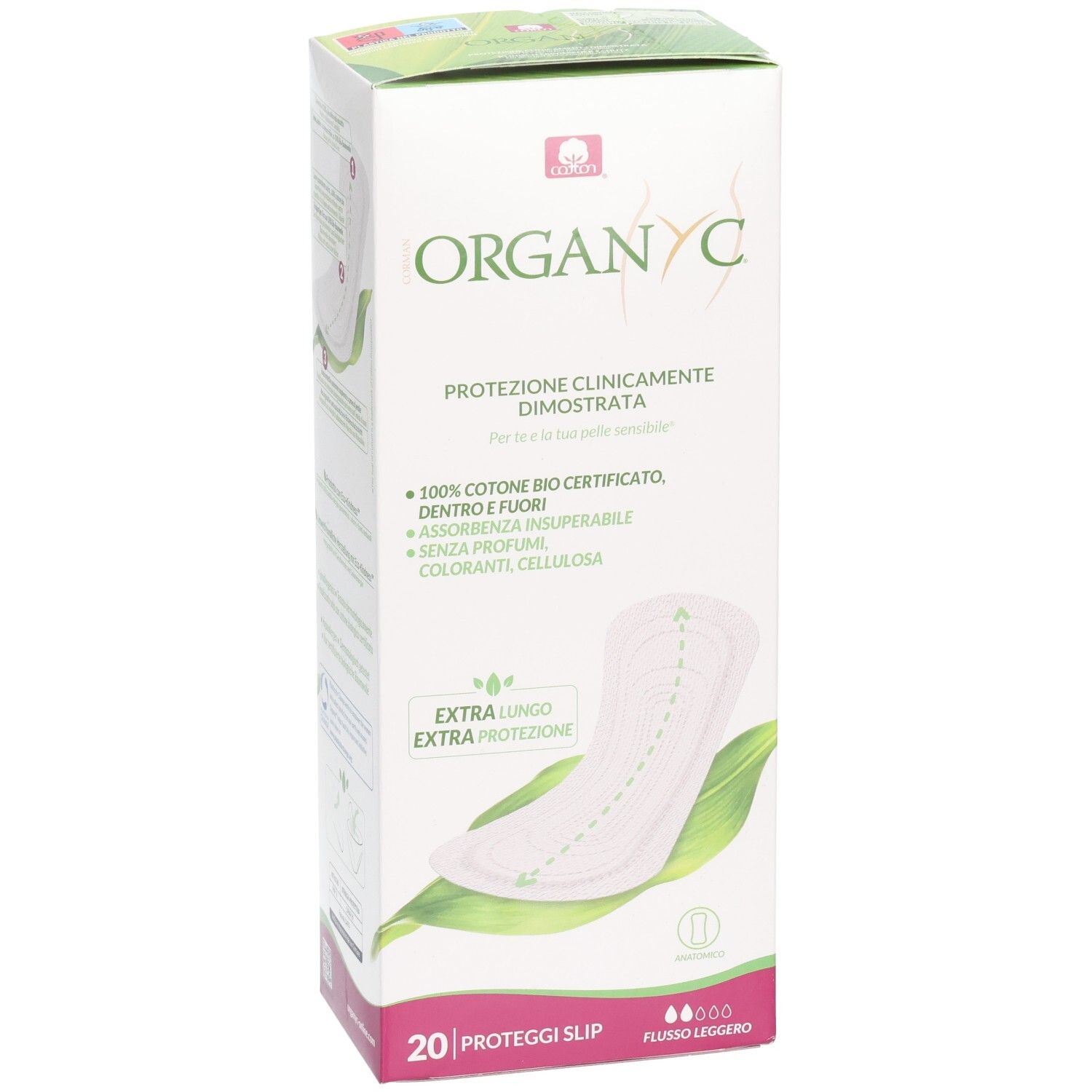 Verpackung mit Slipeinlagen. Marke ORGANYC. Extra lang. 20 Stück. Klinisch nachgewiesener Schutz. 100% Bio-Baumwolle.