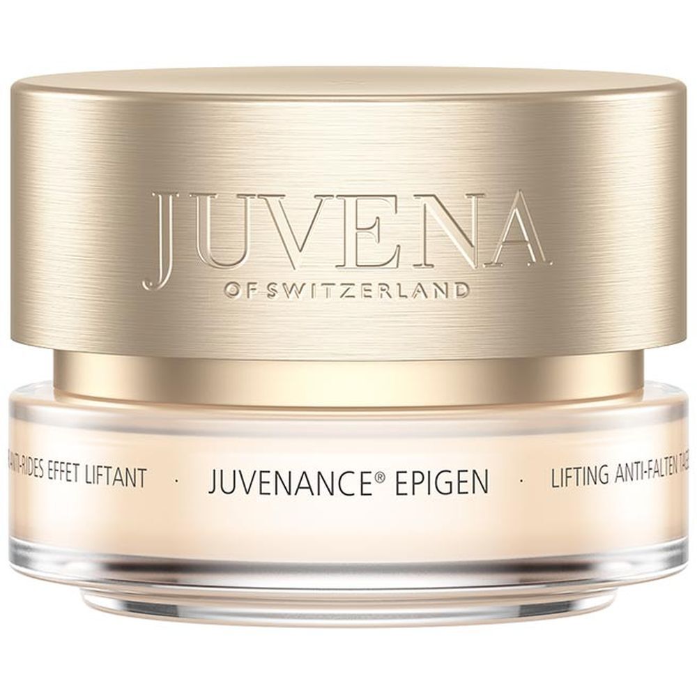 Creme-Tiegel mit goldfarbenem Deckel. Aufschrift: JUVENA OF SWITZERLAND. Produktbezeichnung: Juvenance Epigen.