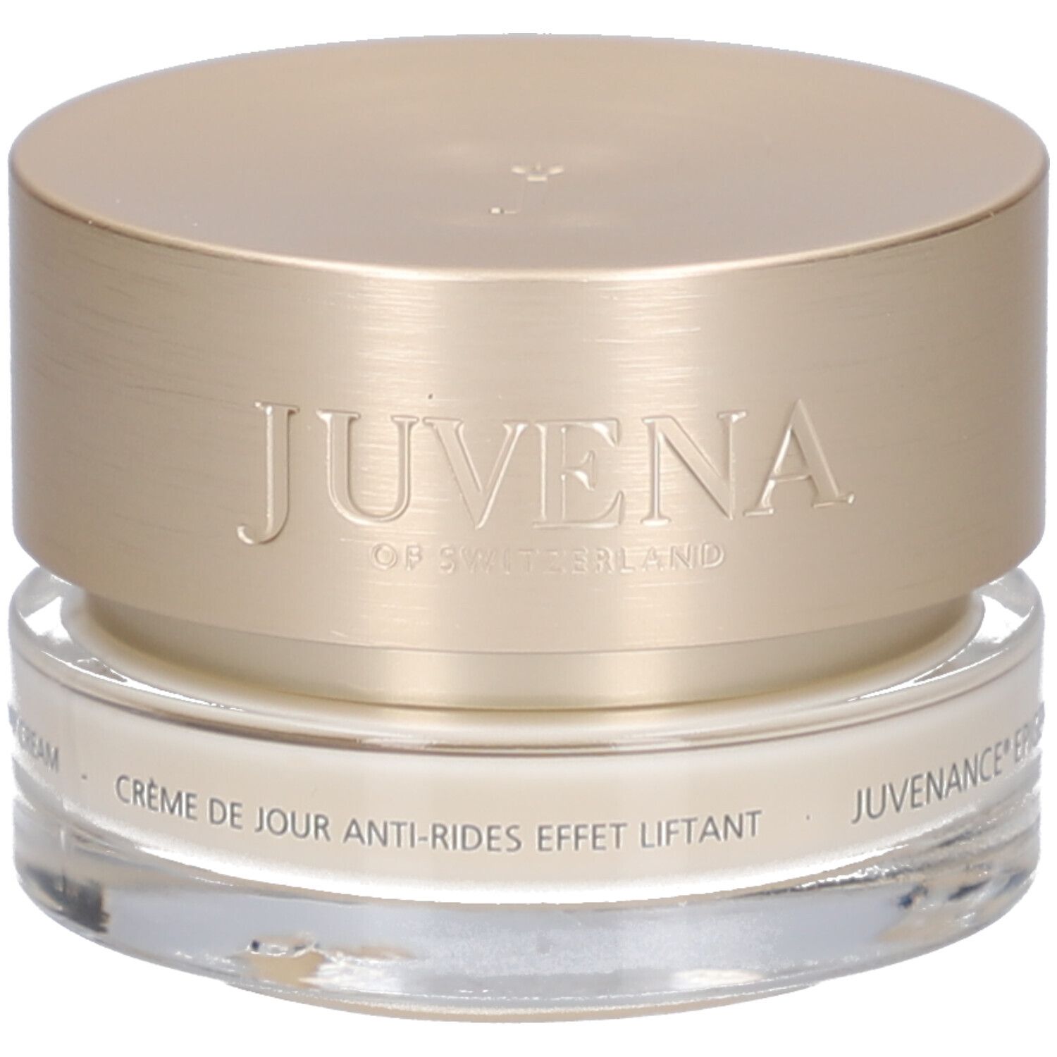 Pot de crème avec couvercle doré. Inscription : JUVENA OF SWITZERLAND. Texte : Crème de jour anti-rides effet liftant.
