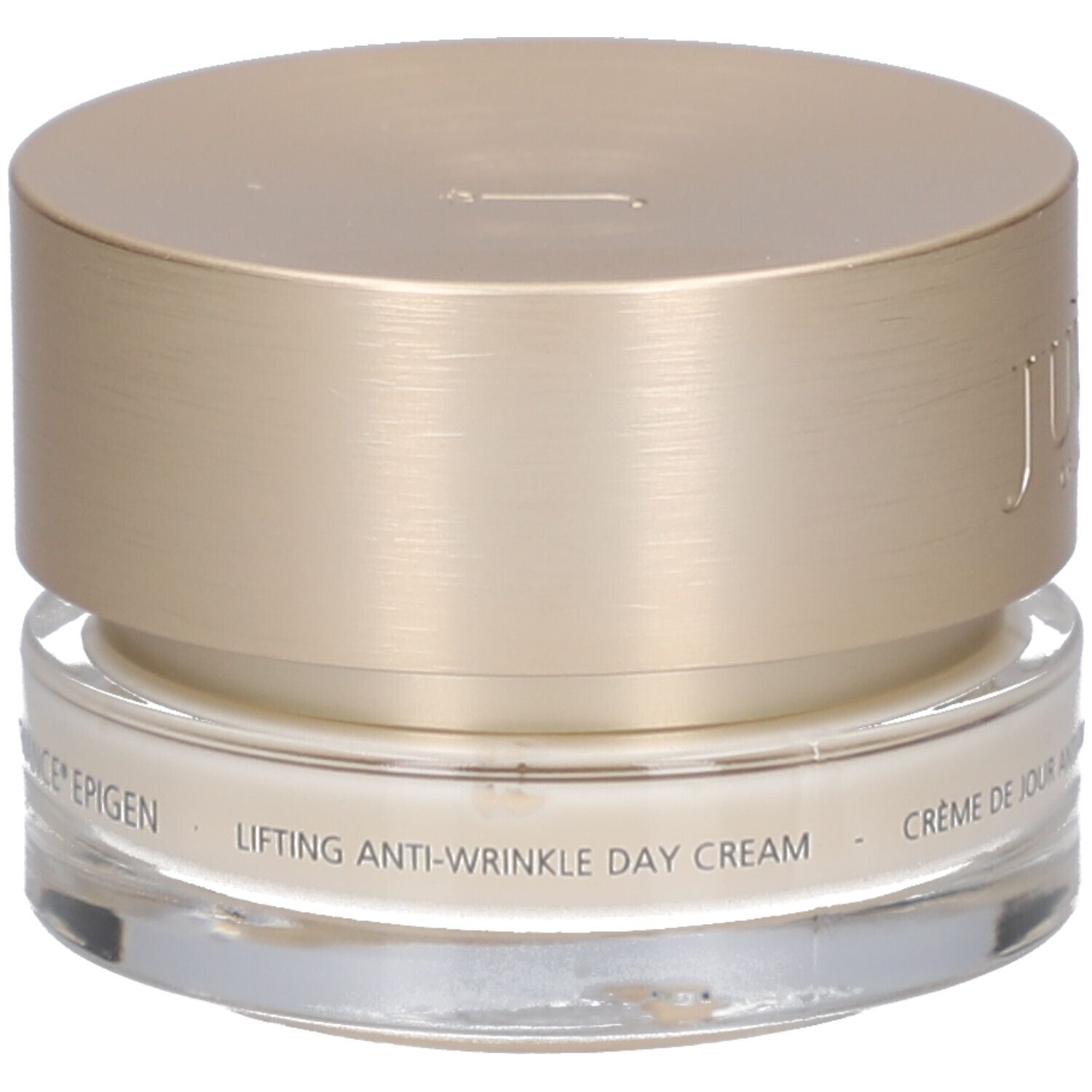 Pot de crème avec couvercle doré. Inscription : JUVENA OF SWITZERLAND. Texte : Lifting Anti-Wrinkle Day Cream.