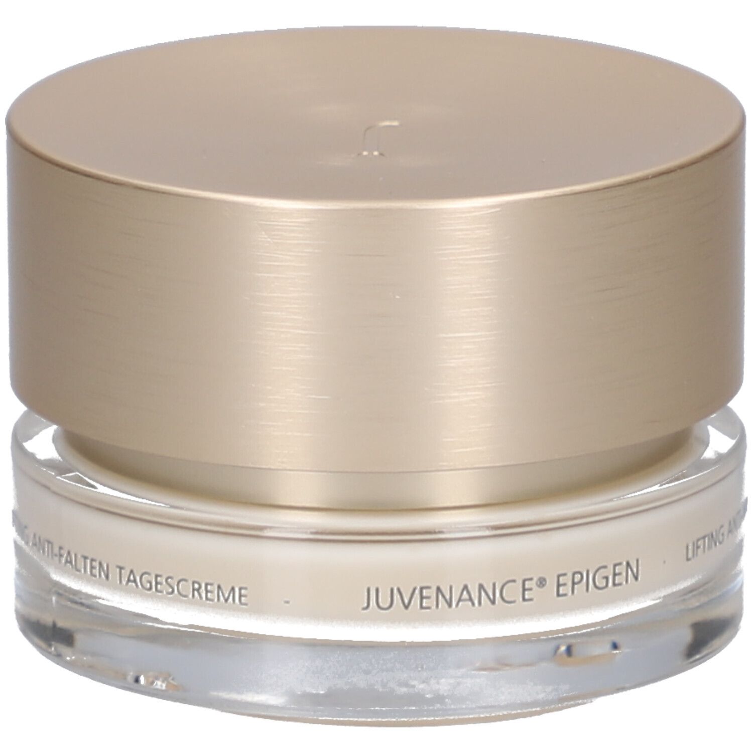 Pot de crème avec couvercle doré. Inscription : JUVENA OF SWITZERLAND. Texte : Lifting Anti-Falten Tagescreme.