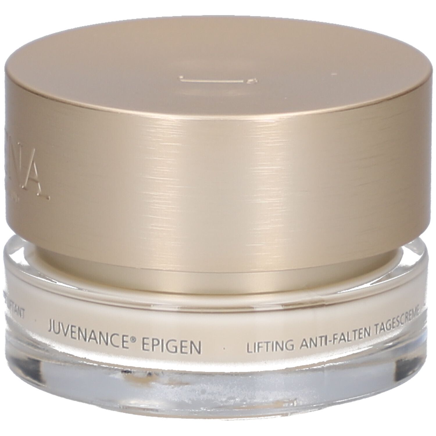 Pot de crème avec couvercle doré. Inscription : JUVENA OF SWITZERLAND. Texte : Lifting Anti-Falten Tagescreme.