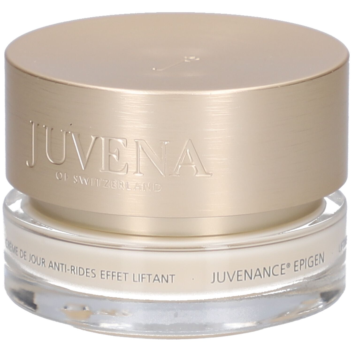 Pot de crème avec couvercle doré. Inscription : JUVENA OF SWITZERLAND. Texte : Crème de jour anti-rides effet liftant.
