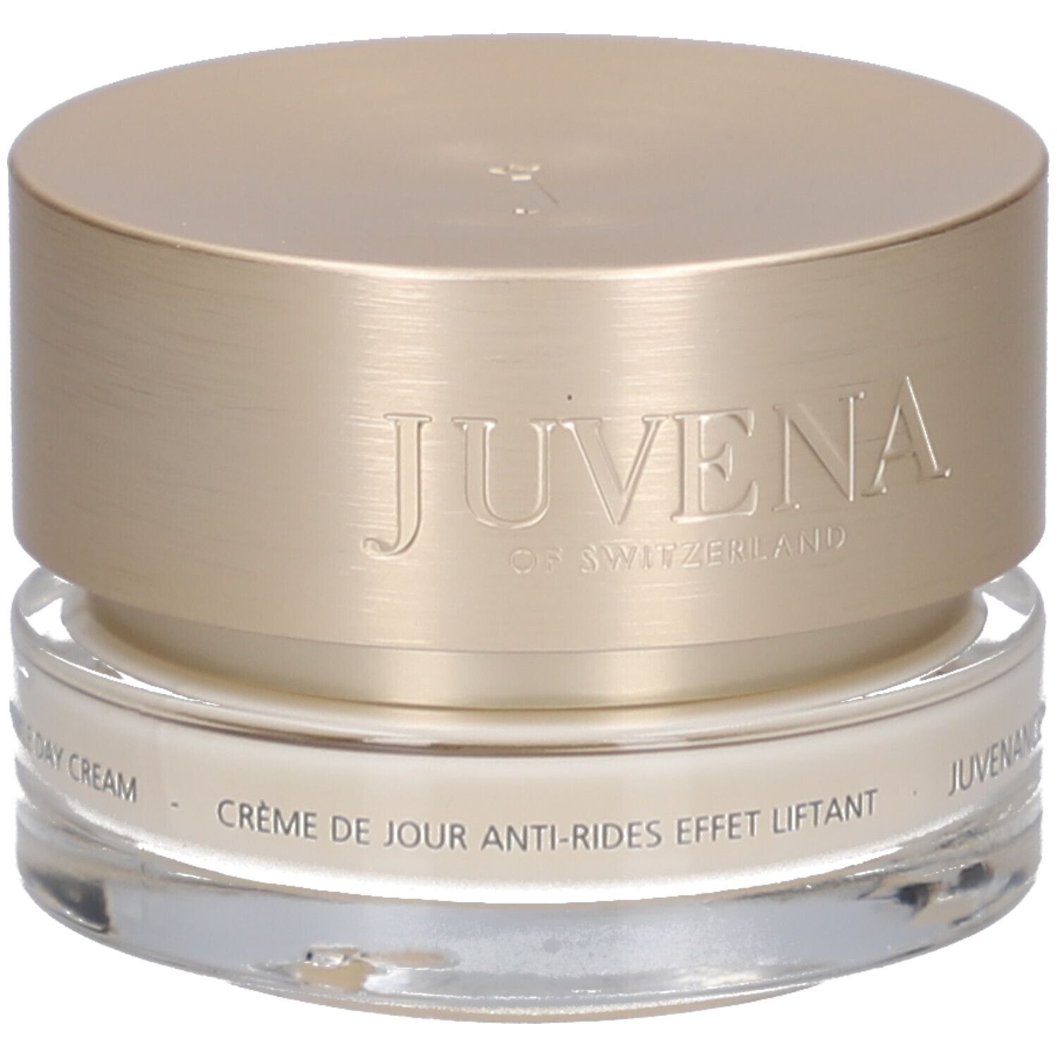Pot de crème avec couvercle doré. Inscription : JUVENA OF SWITZERLAND. Texte : Crème de jour anti-rides effet liftant.
