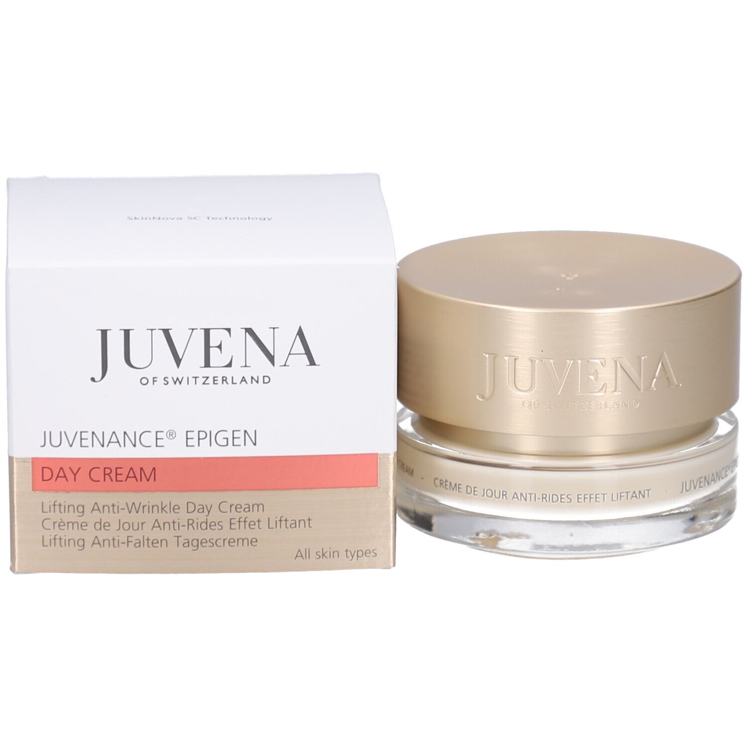 Emballage du produit avec pot de crème et texte : JUVENA, JUVENANCE EPIGEN, Lifting Anti-Wrinkle Day Cream.