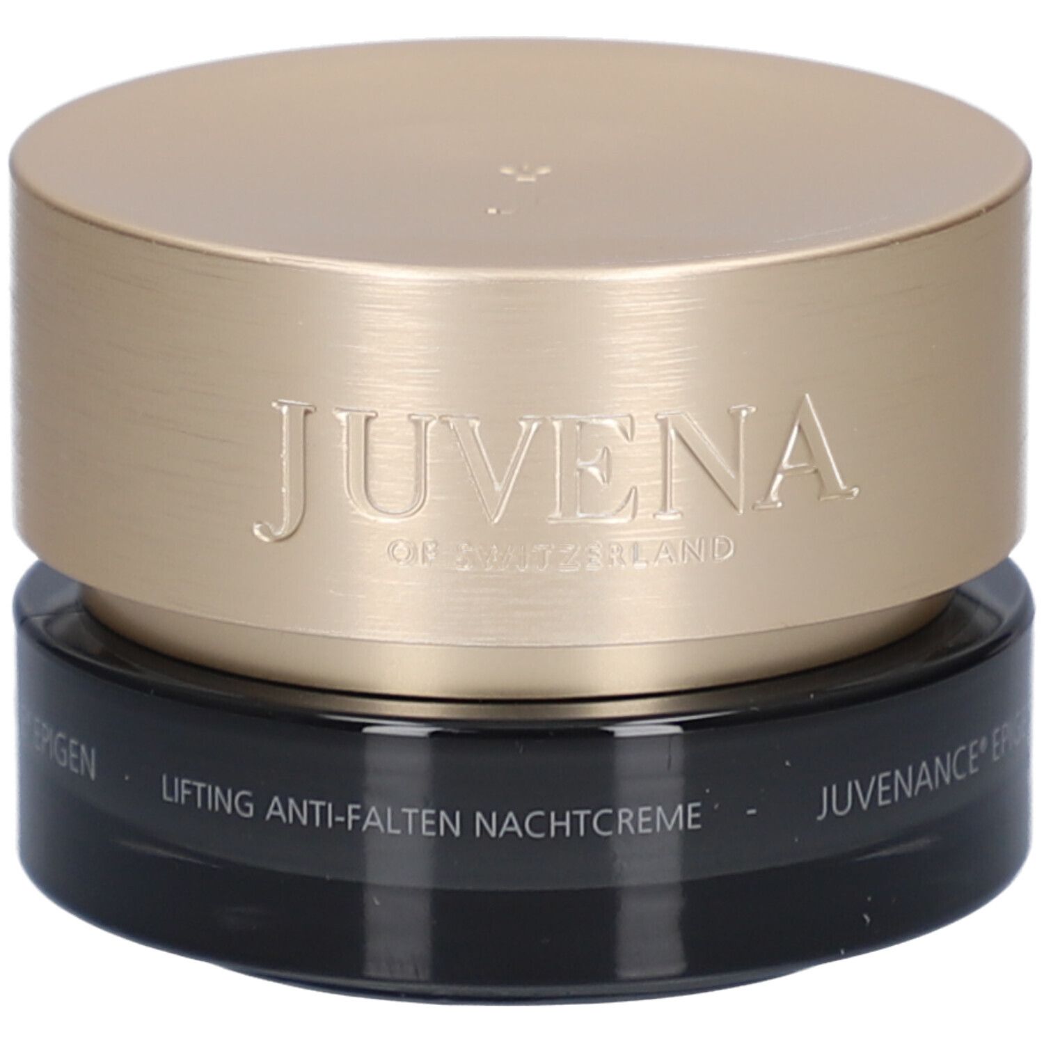 Creme-Tiegel mit goldfarbenem Deckel. Aufschrift: Juvena of Switzerland, Juvenance Epigen, Lifting Anti-Falten Nachtcreme.