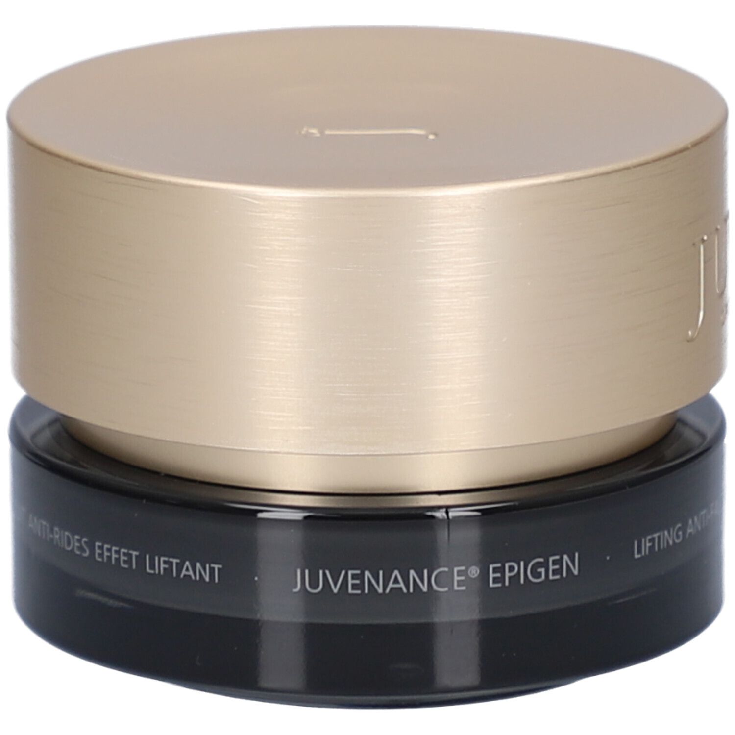 Creme-Tiegel mit goldfarbenem Deckel. Aufschrift: Juvena of Switzerland, Juvenance Epigen, Lifting Anti-Falten Nachtcreme.