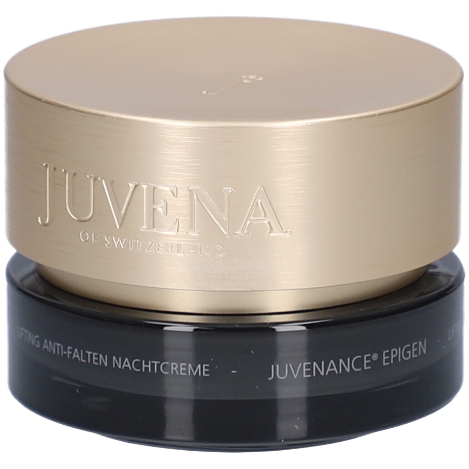 Creme-Tiegel mit goldfarbenem Deckel. Aufschrift: Juvena of Switzerland, Juvenance Epigen, Lifting Anti-Falten Nachtcreme.